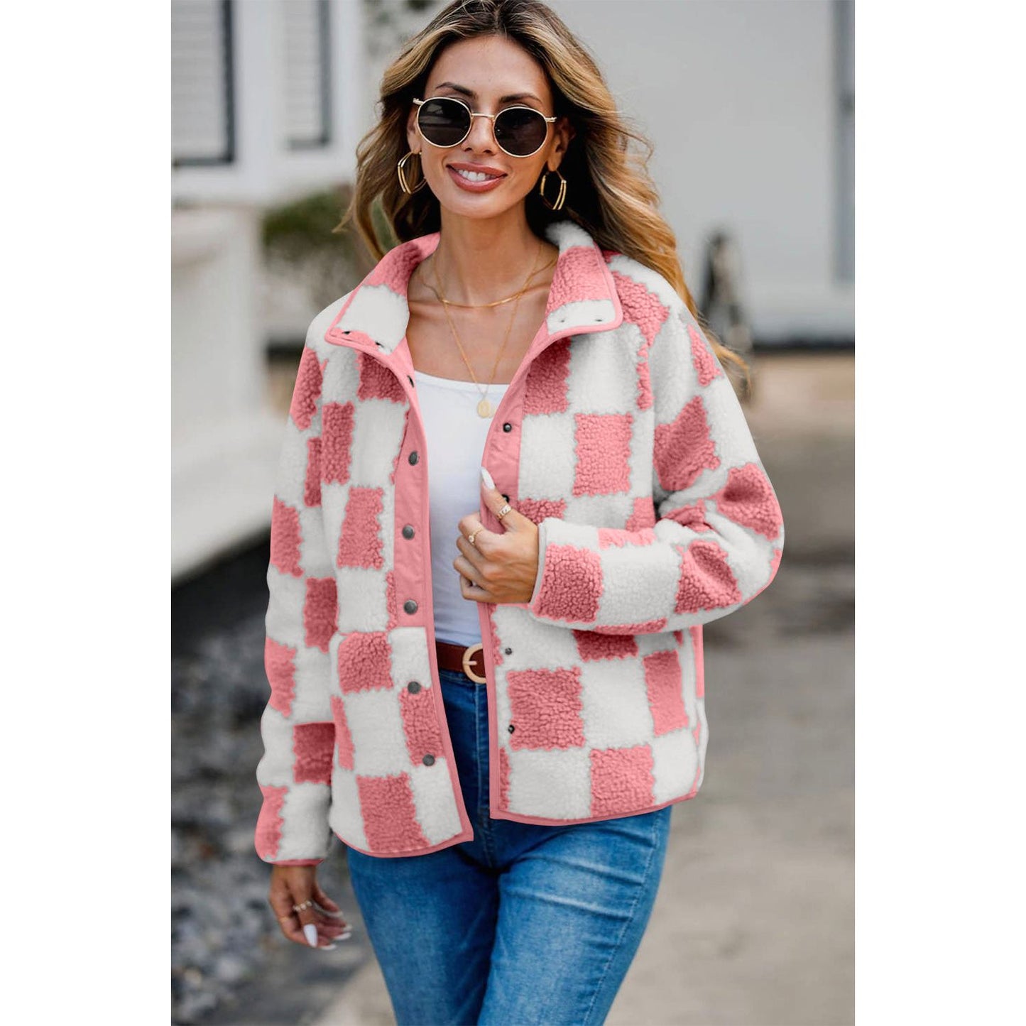 Checkered Snap Down Long Sleeve Teddy Jacket