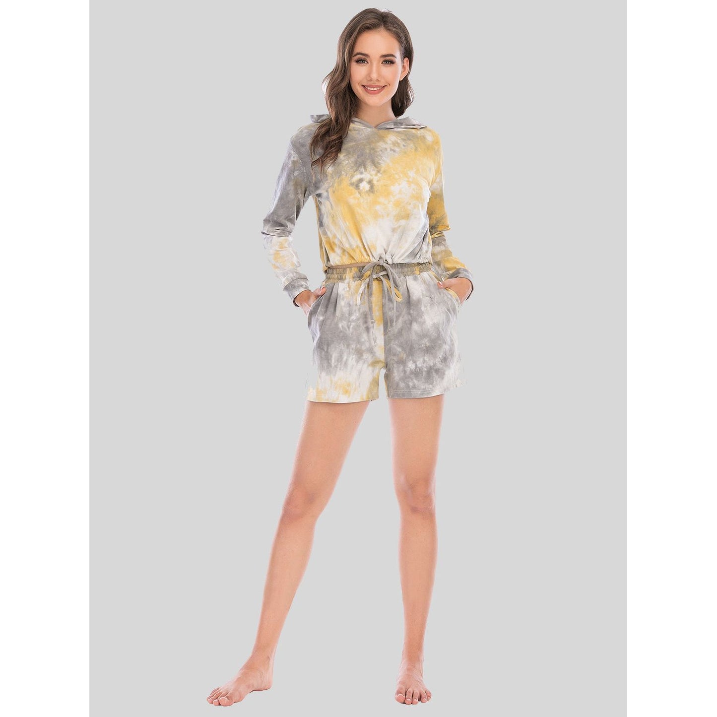 Tie-Dye Drawstring Hooded Top and Shorts Set