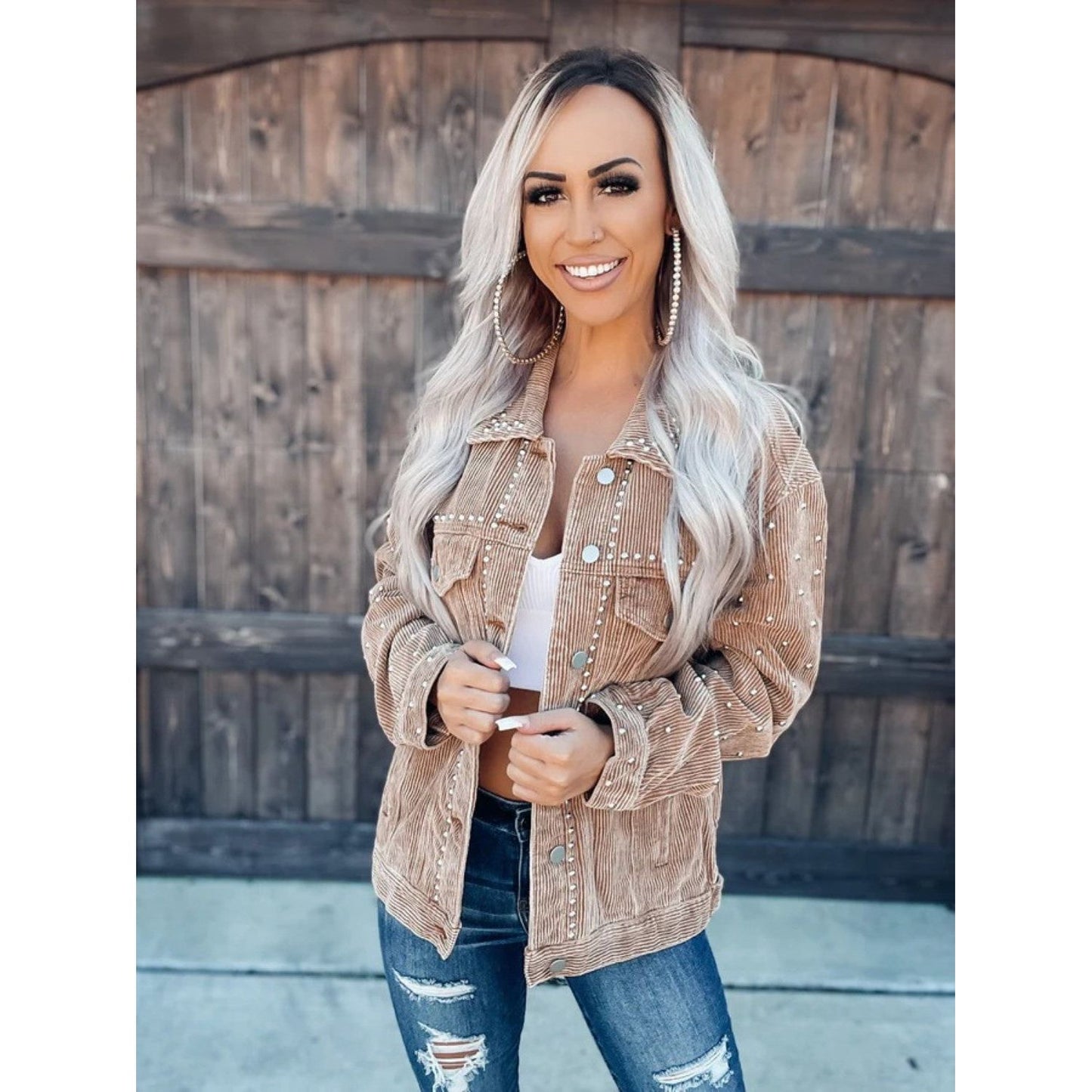 Studded Collared Neck Button Down Jacket