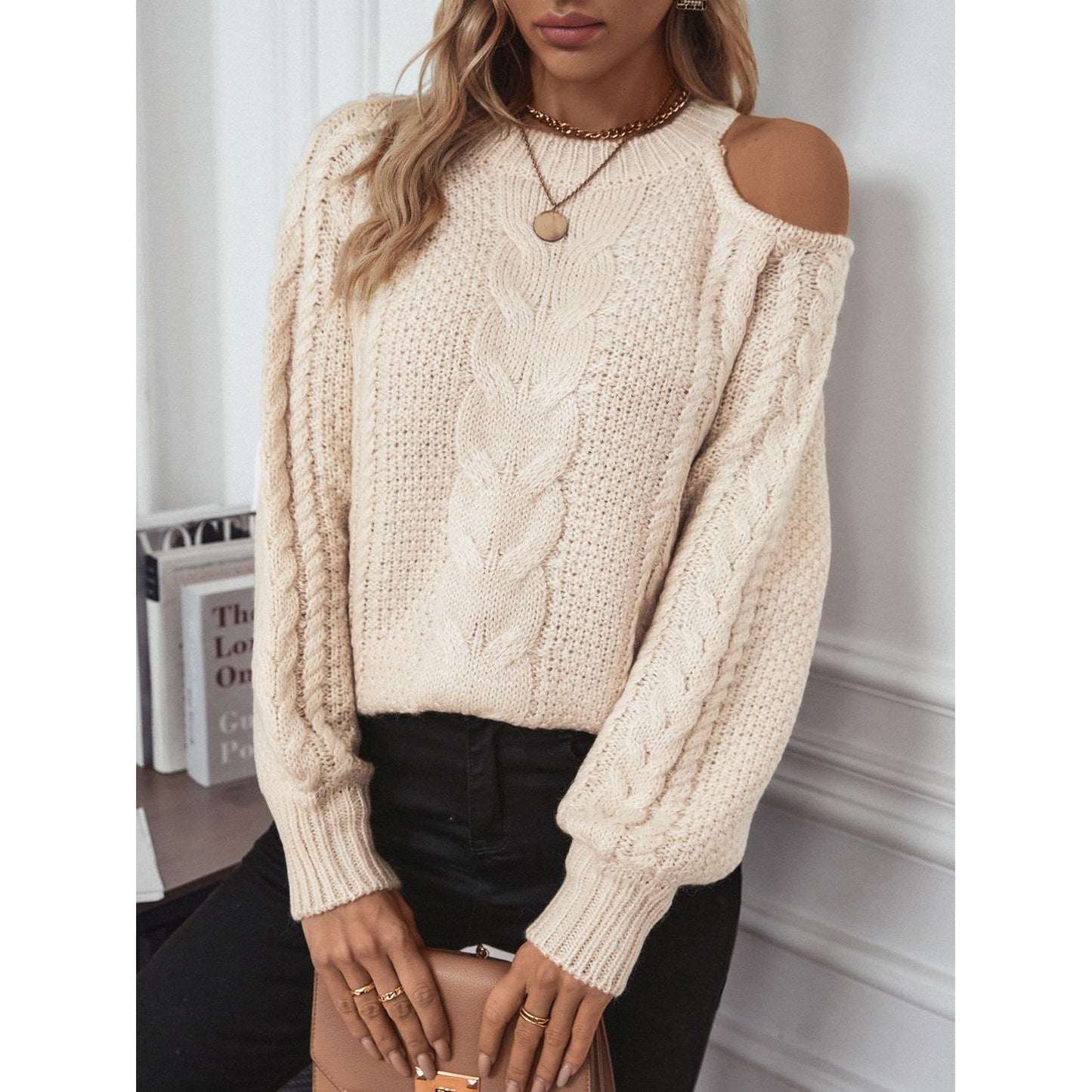 Cable Knit Round Neck Cold Shoulder Sweater