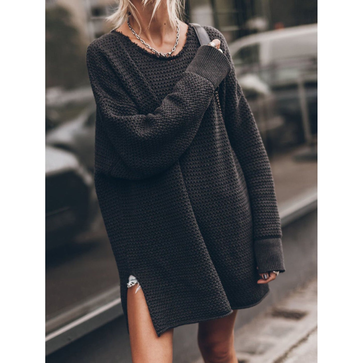 Openwork Round Neck Long Sleeve Slit Sweater