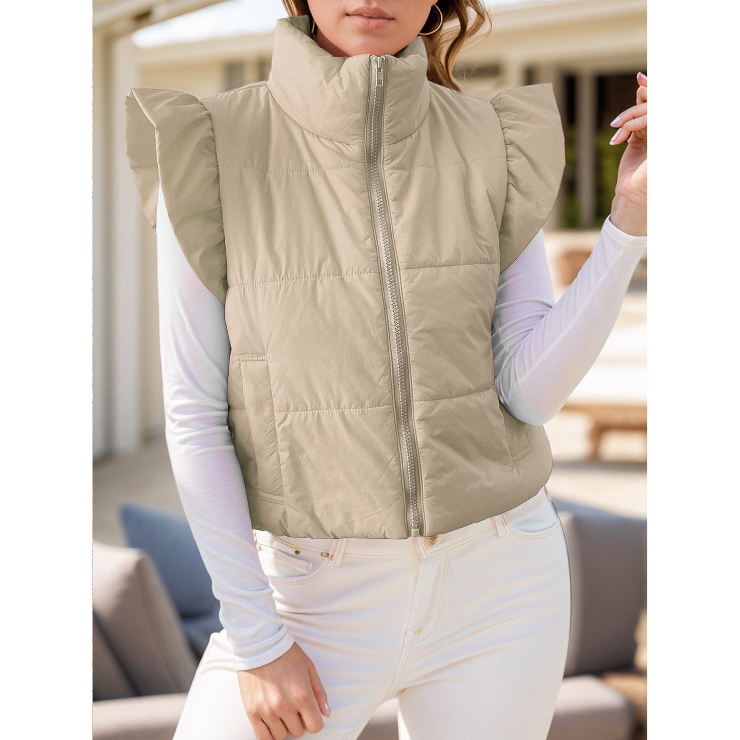 Pocketed Zip Up Cap Sleeve Jacket