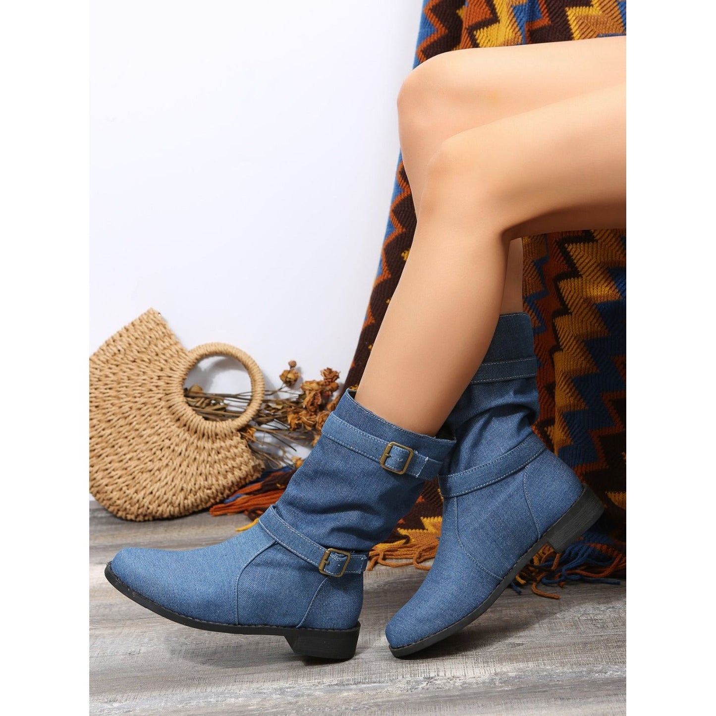 Double Buckle Block Heel Boots