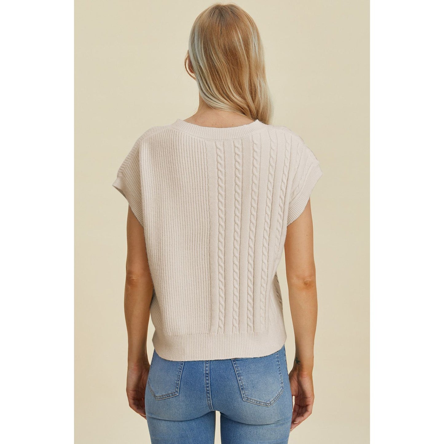 Double Take Full Size Cable-Knit Round Neck Short Sleeve Sweater