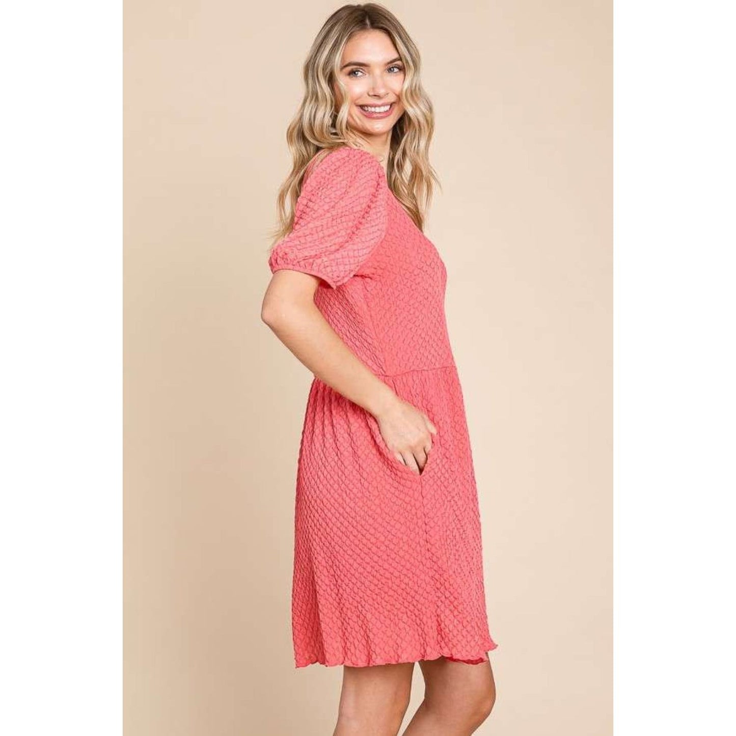 Culture Code Full Size Textured Round Neck Puff Sleeve Dress