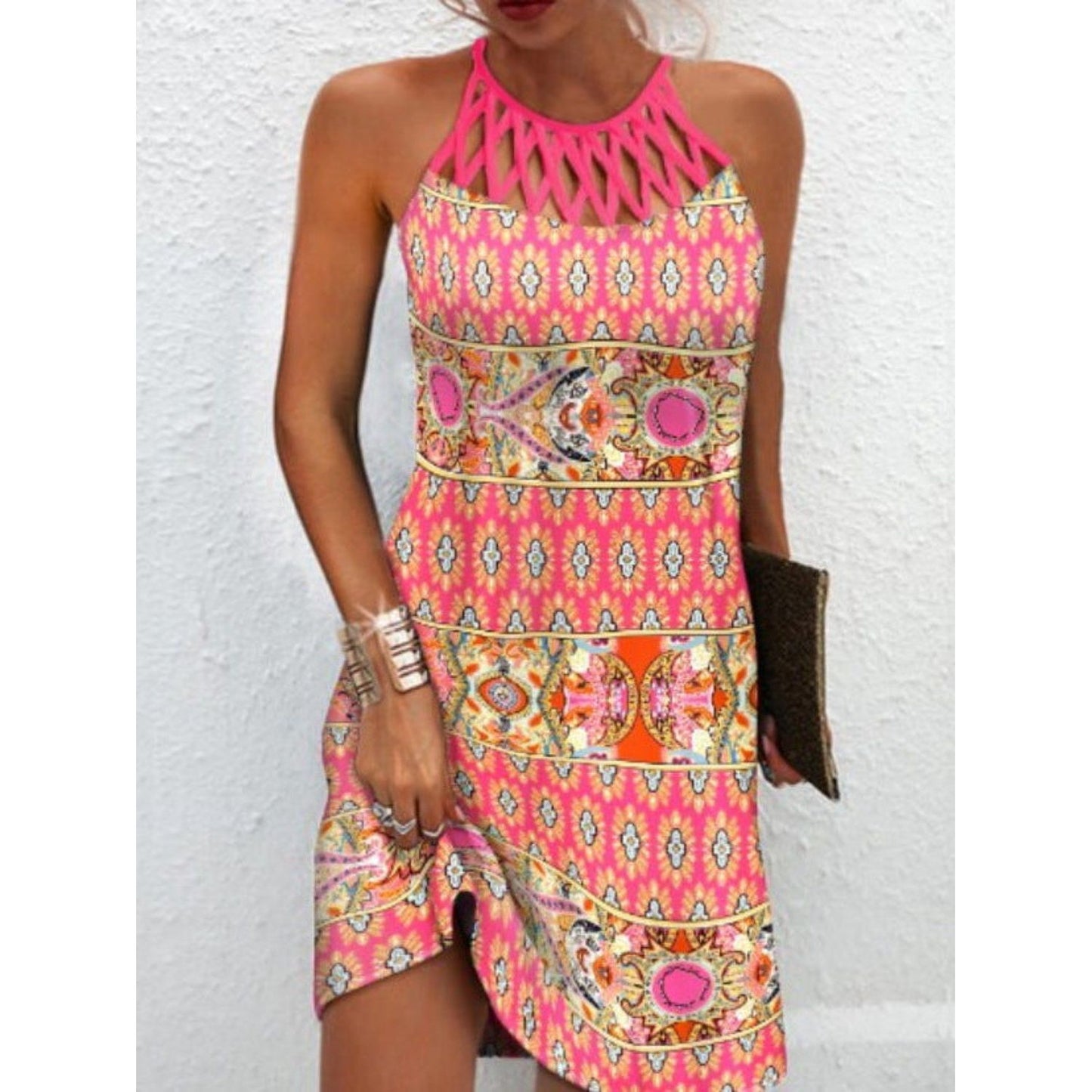 Printed Grecian Neck Mini Dress