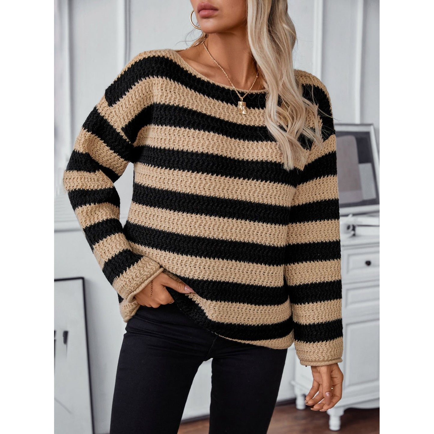 Striped Dropped Shoulder Long Sleeve Sweater