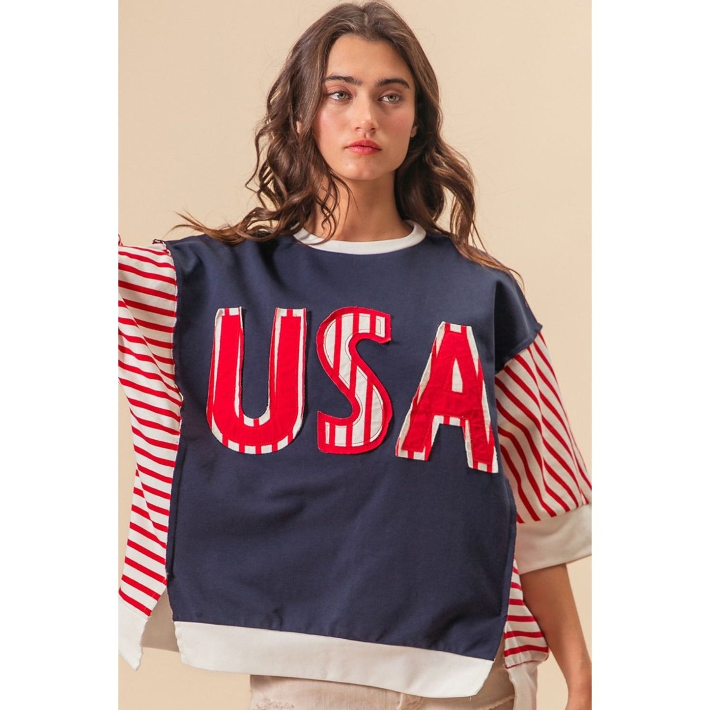 BiBi USA Letter Patchwork Contrast Short Sleeve T-Shirt