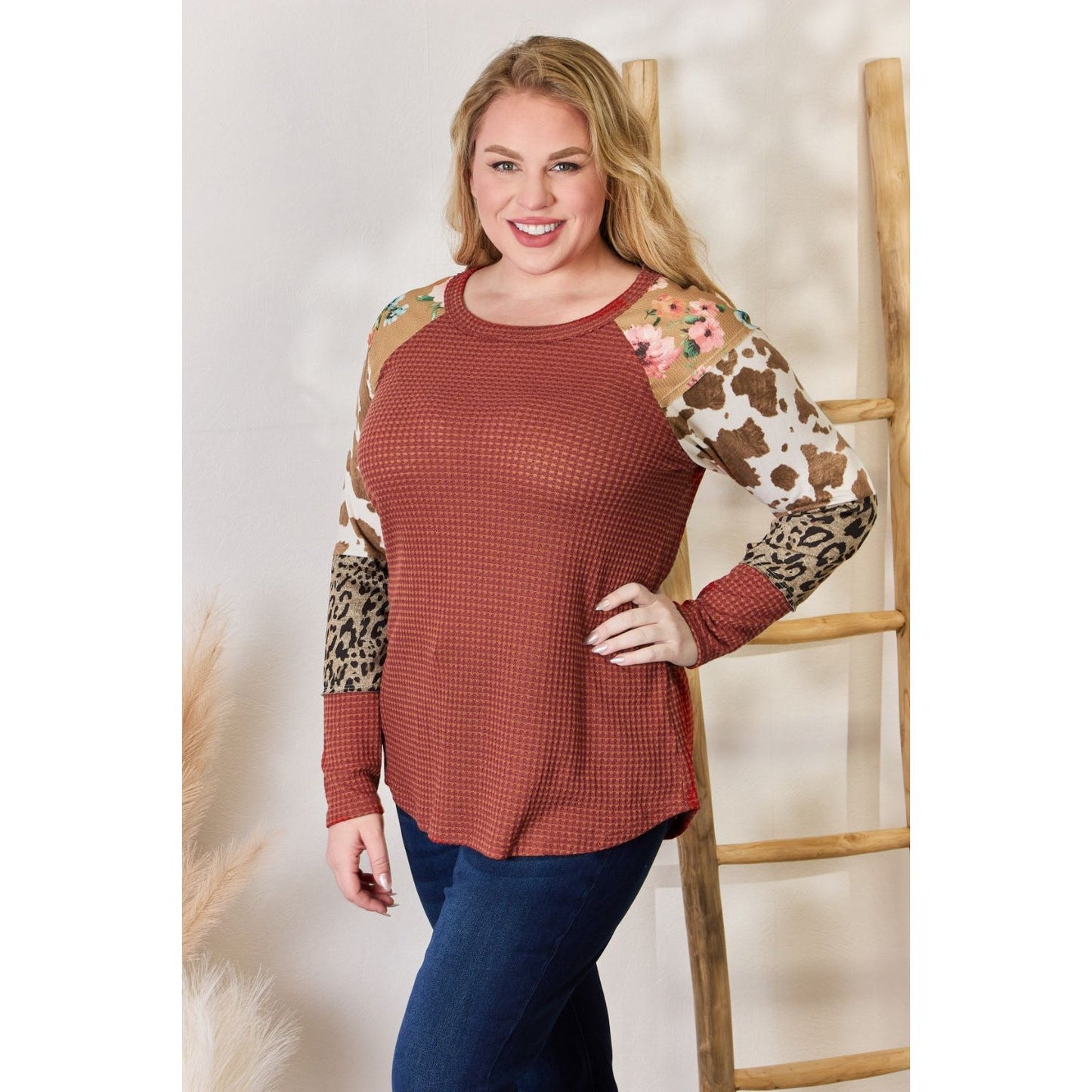 Hailey & Co Full Size Leopard Waffle-Knit Blouse