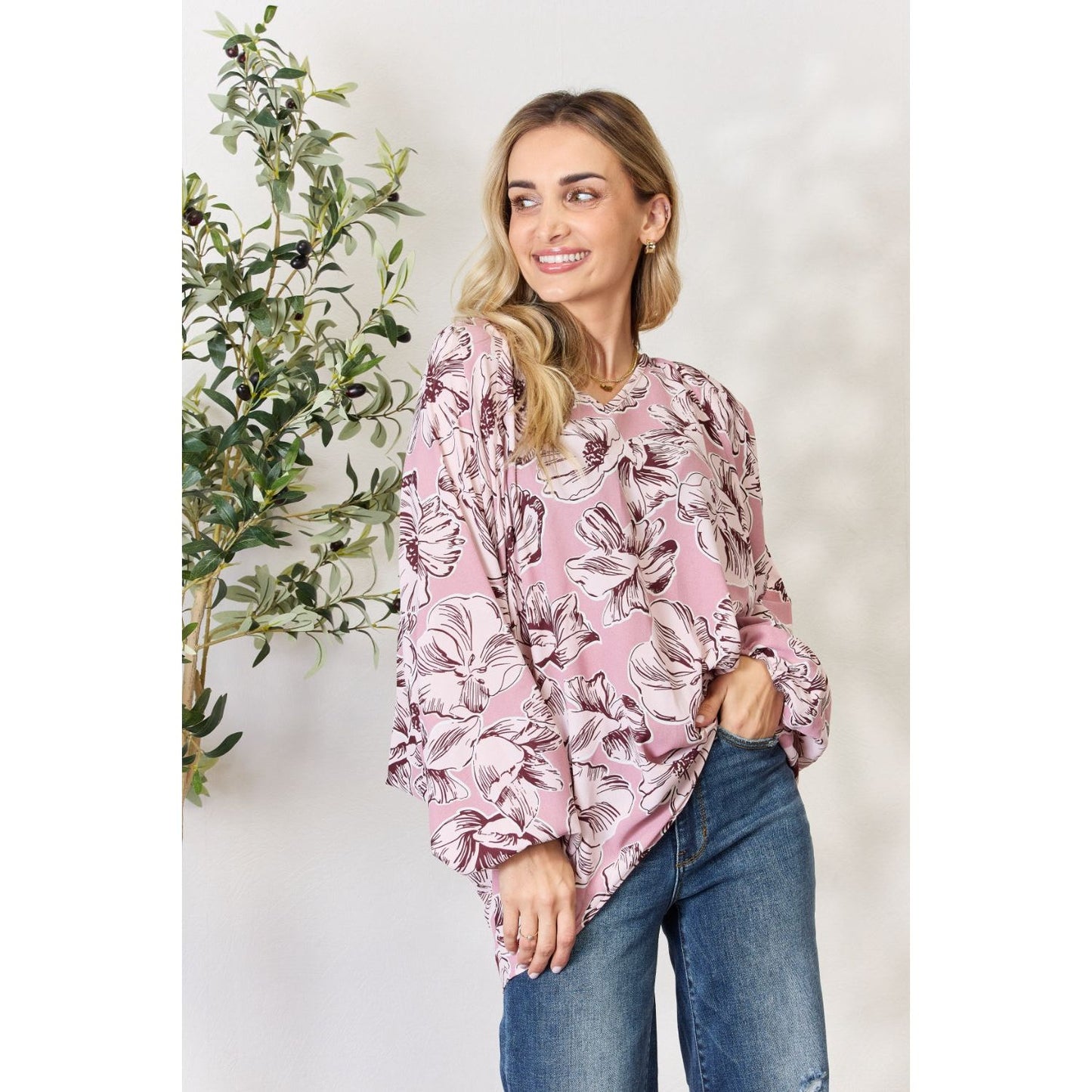 Heimish Full Size Floral V-Neck Balloon Sleeve Blouse