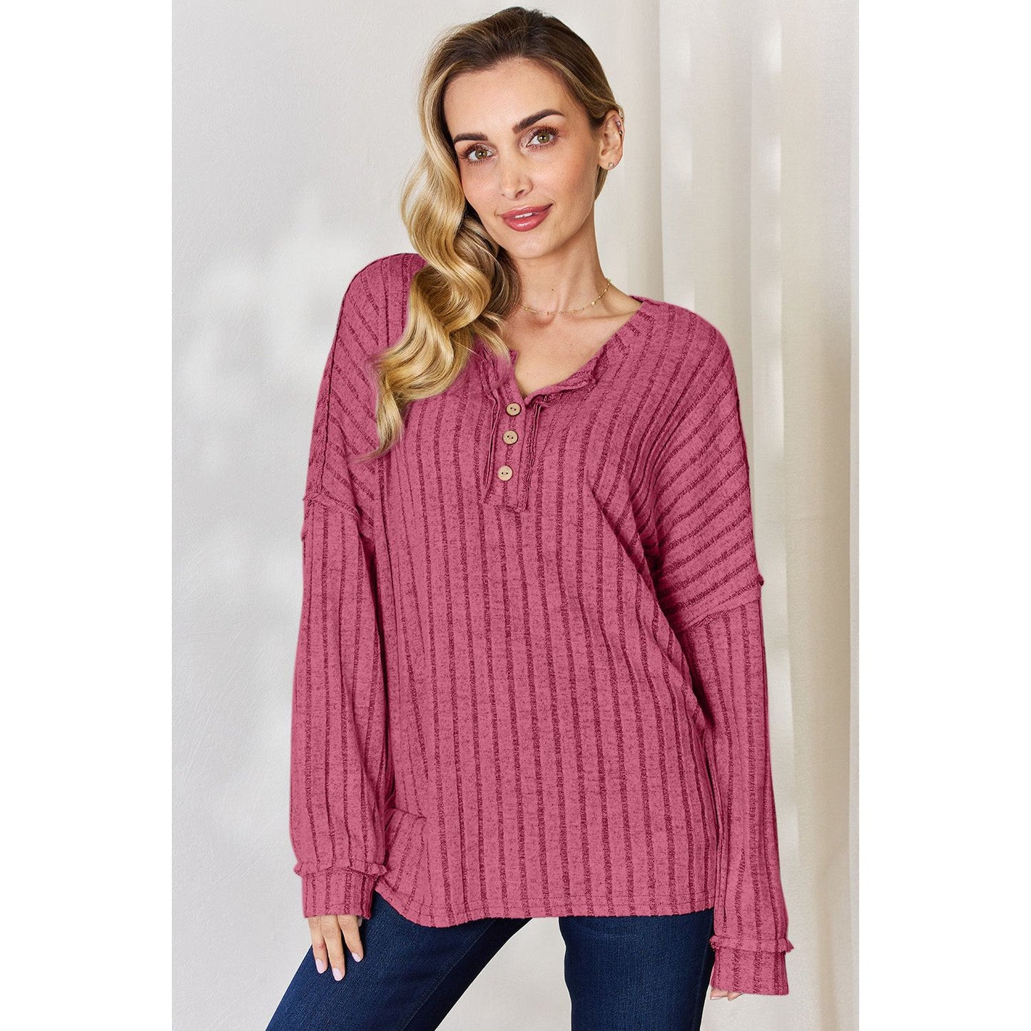 Basic Bae Full Size Ribbed Half Button Long Sleeve T-Shirt