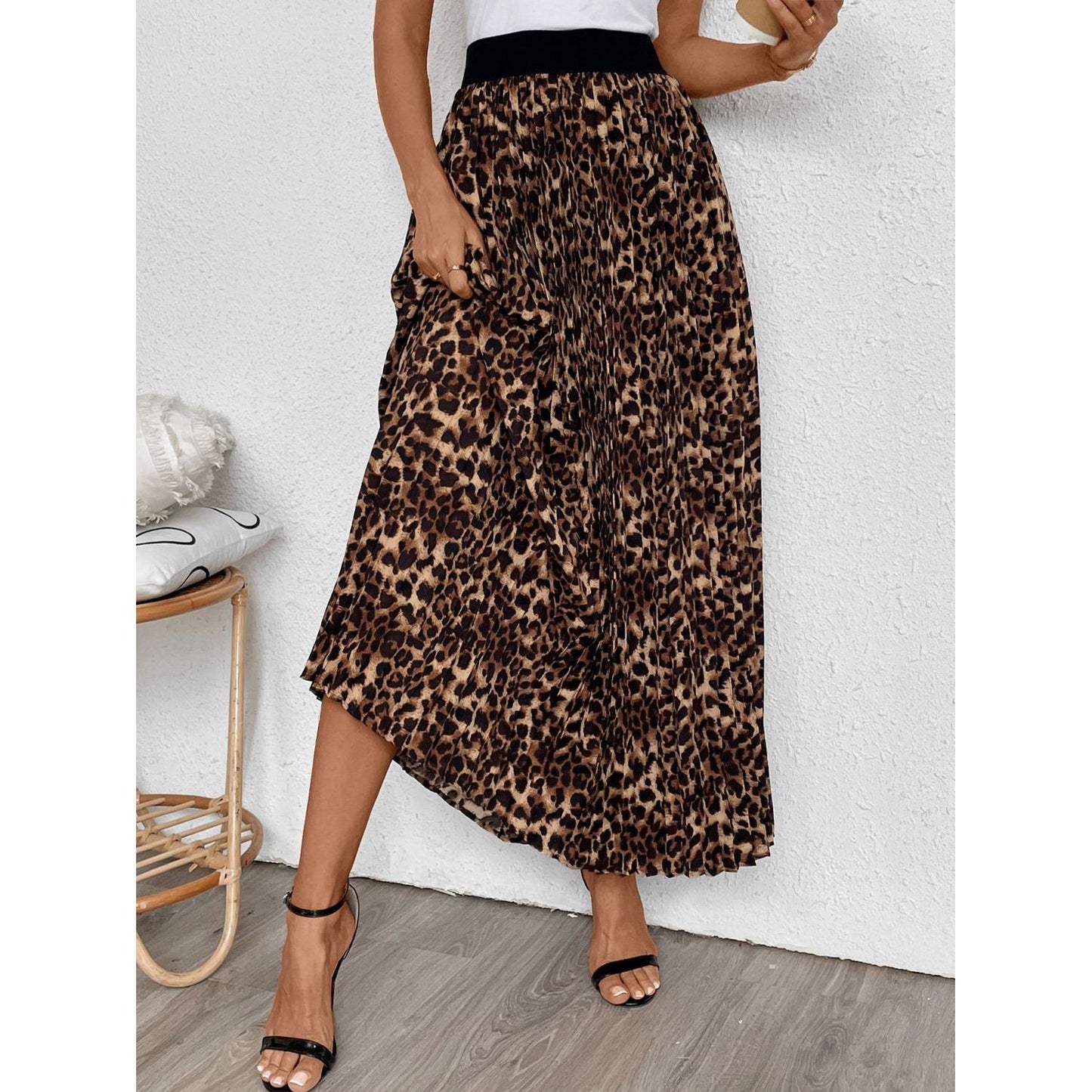 Perfee Pleated Leopard Maxi Skirt