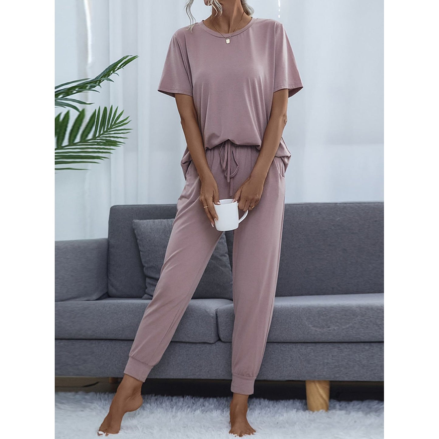 Shiny Round Neck Short Sleeve Top and Pants Set