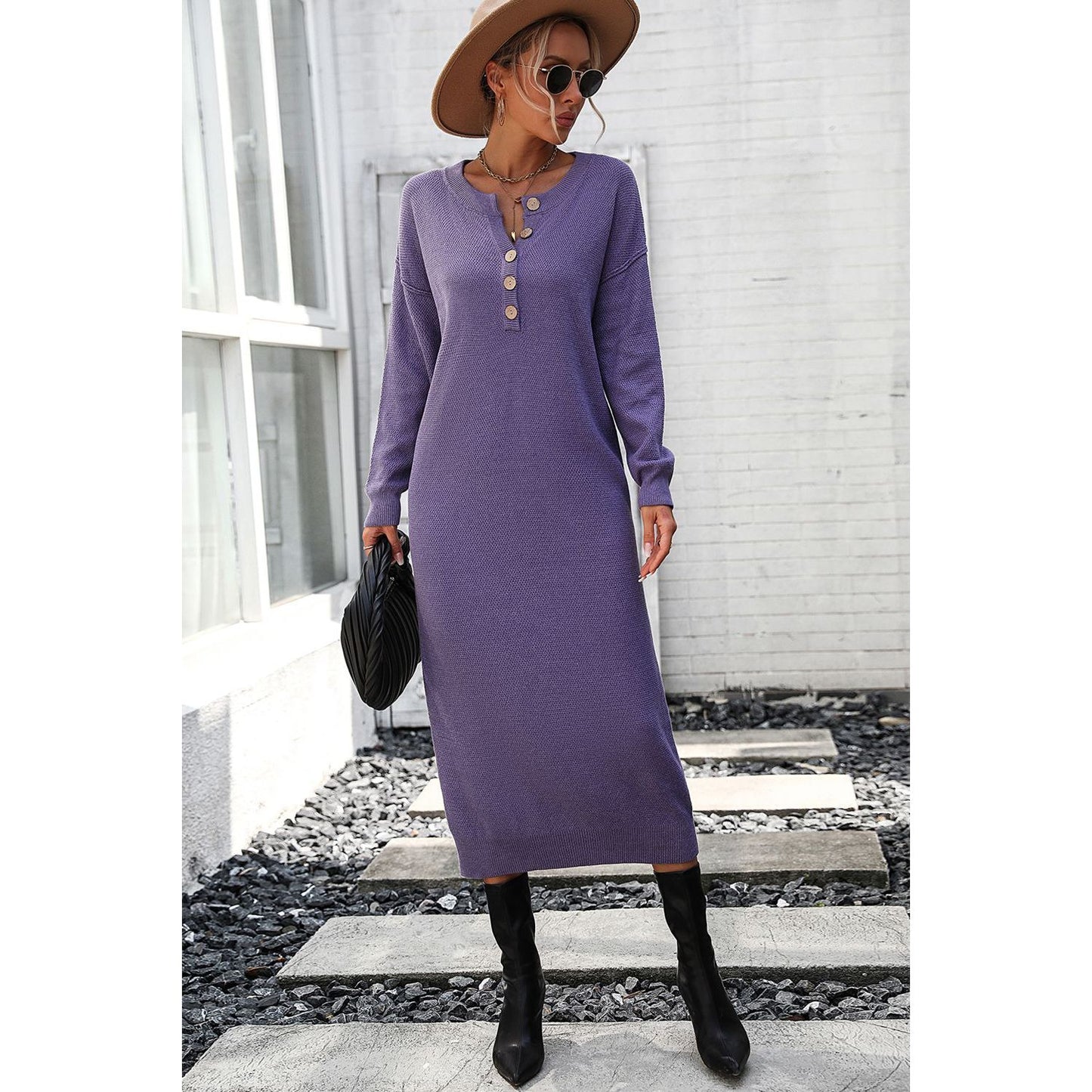 Decorative Button Notched Dropped Shoulder Sweater Dress