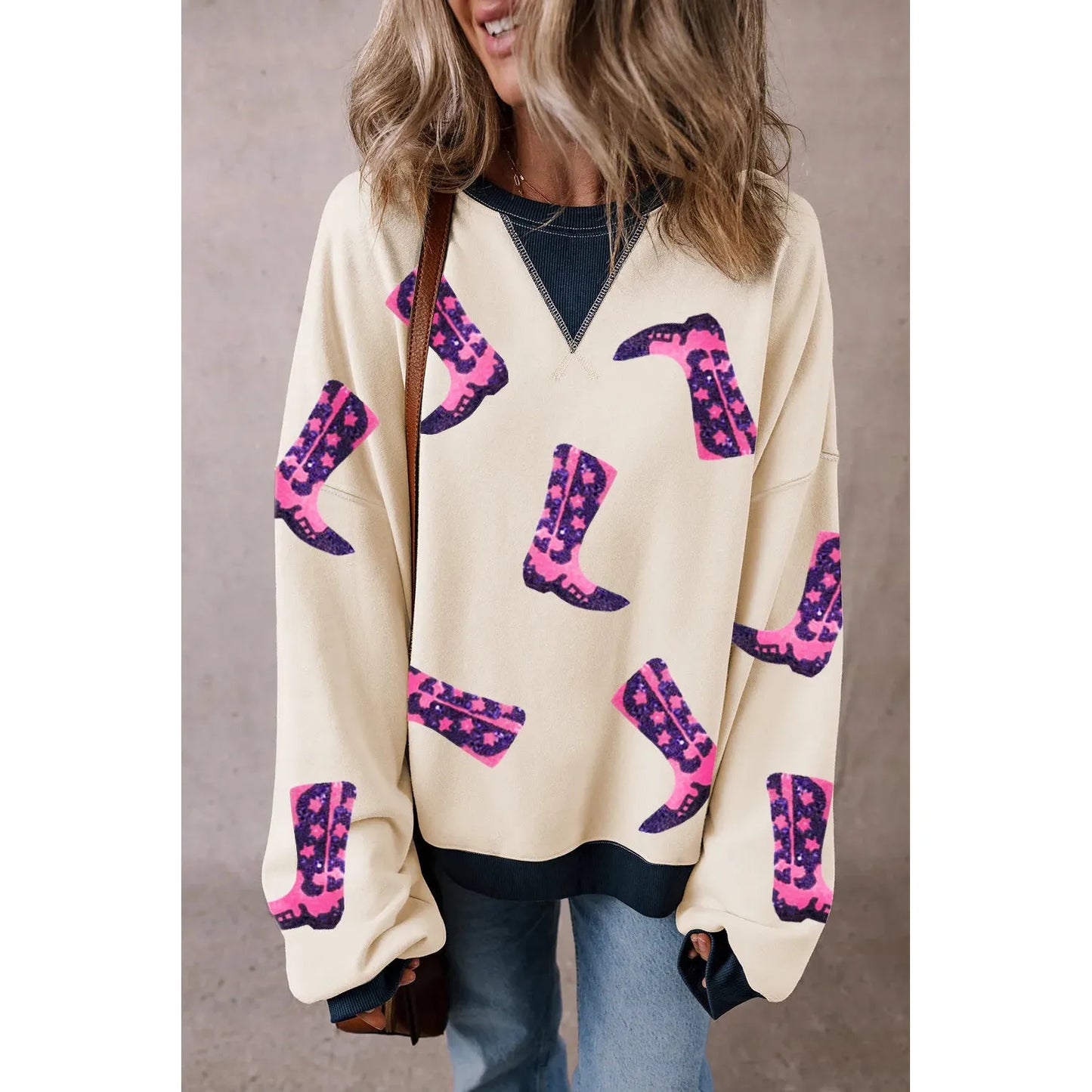 Sequin Boots Round Neck Long Sleeve Sweatshirt