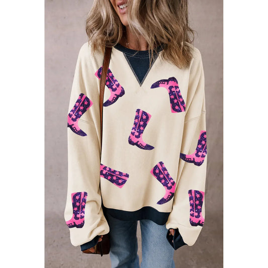 Sequin Boots Round Neck Long Sleeve Sweatshirt