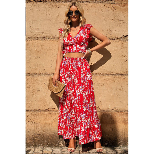 Printed Tie Back Cropped Top and Maxi Skirt Set