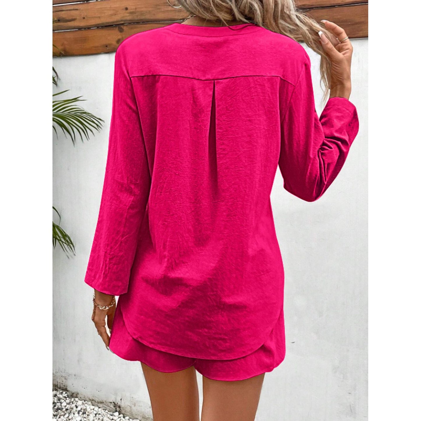 Notched Long Sleeve Top and Shorts Set