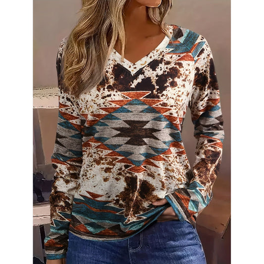 Geometric V-Neck Long Sleeve T-Shirt