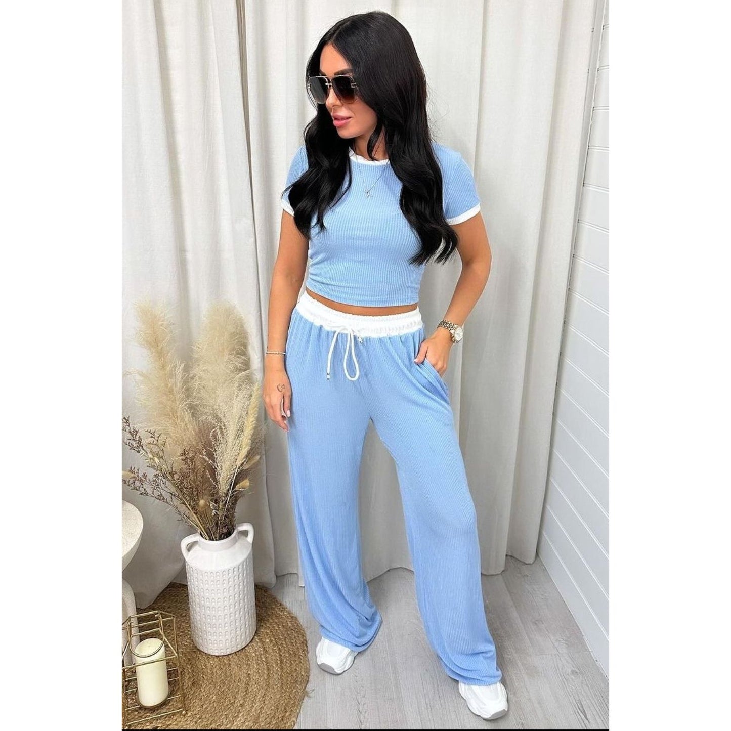 Contrast Trim Round Neck Top and Pants Set