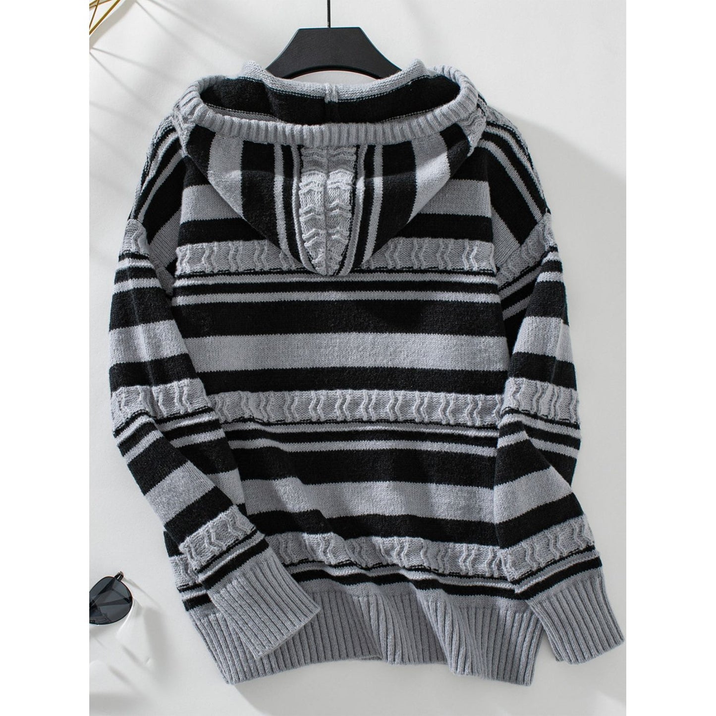 Drawstring Striped Long Sleeve Hooded Sweater