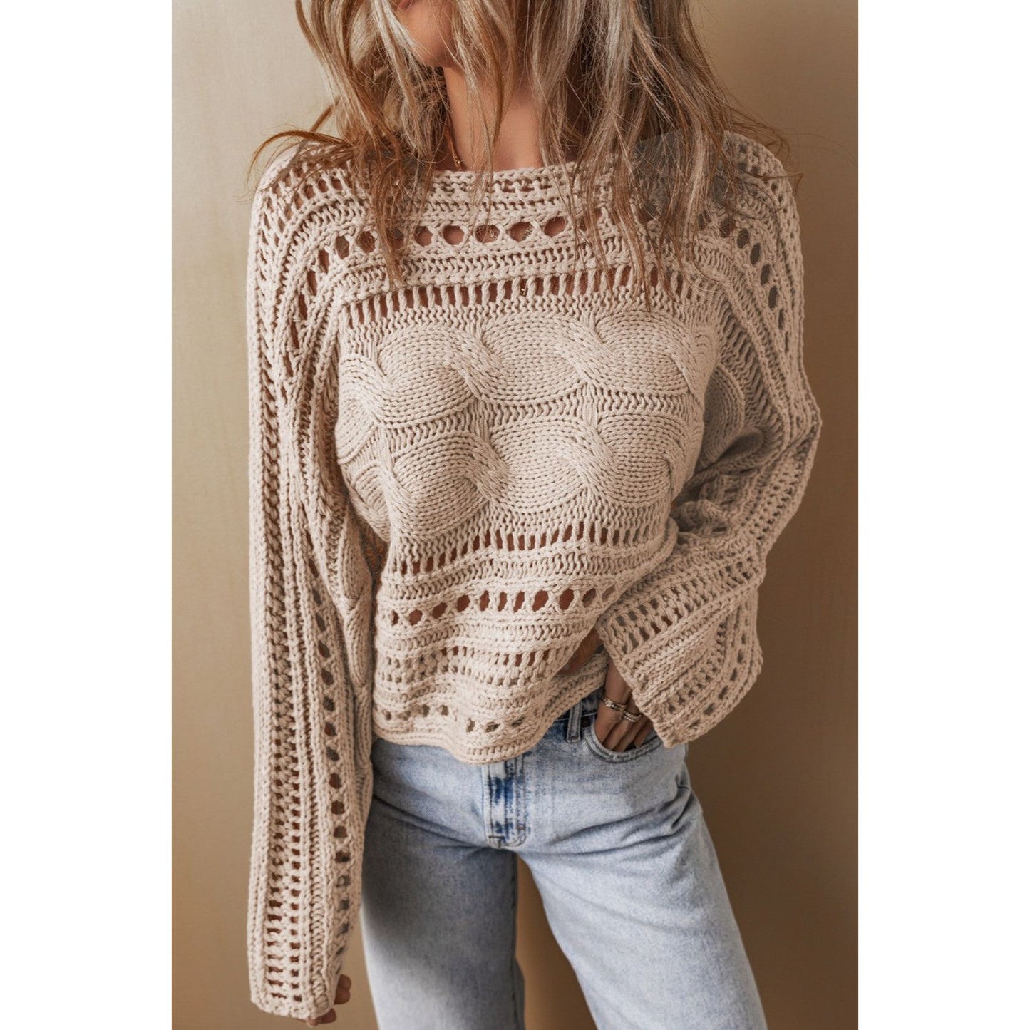 Cable-Knit Openwork Long Sleeve Sweater