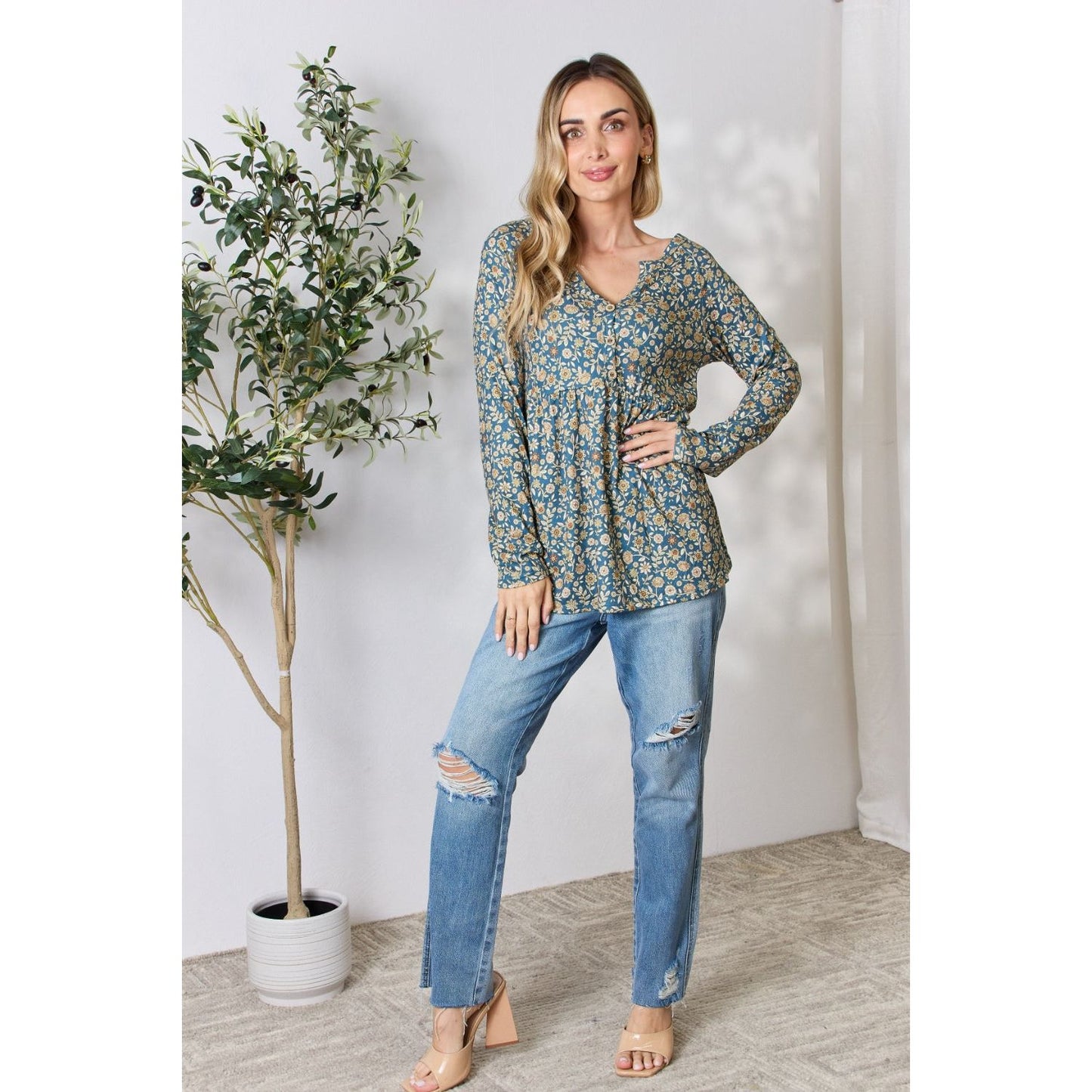 Heimish Full Size Floral Half Button Long Sleeve Blouse