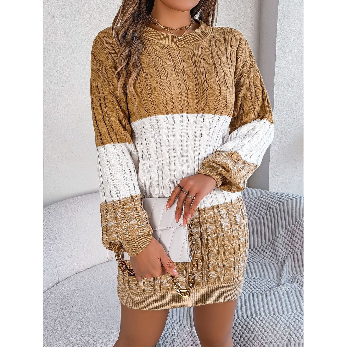 Cable-Knit Round Neck Color Block Sweater Dress