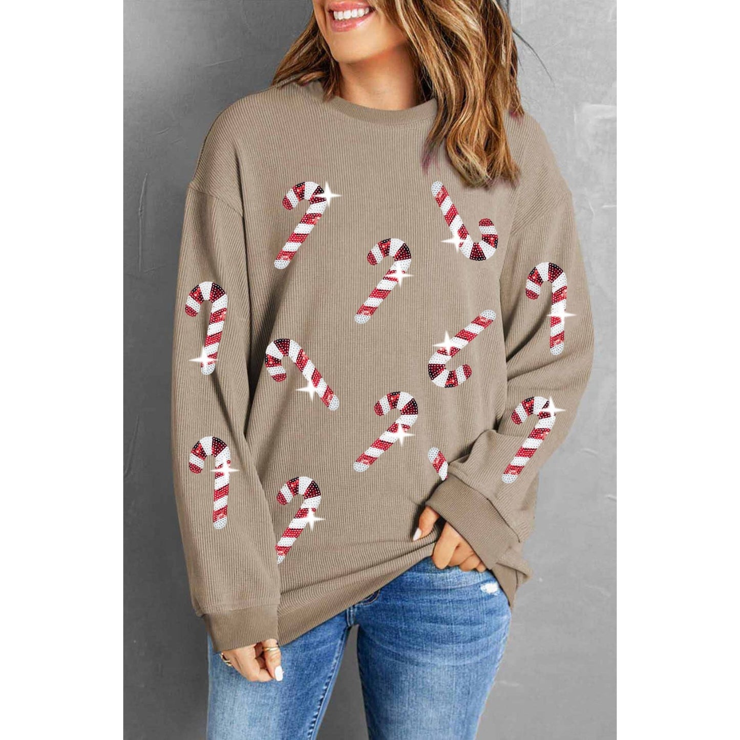 Sequin Candy Cane Round Neck Sweatshirt