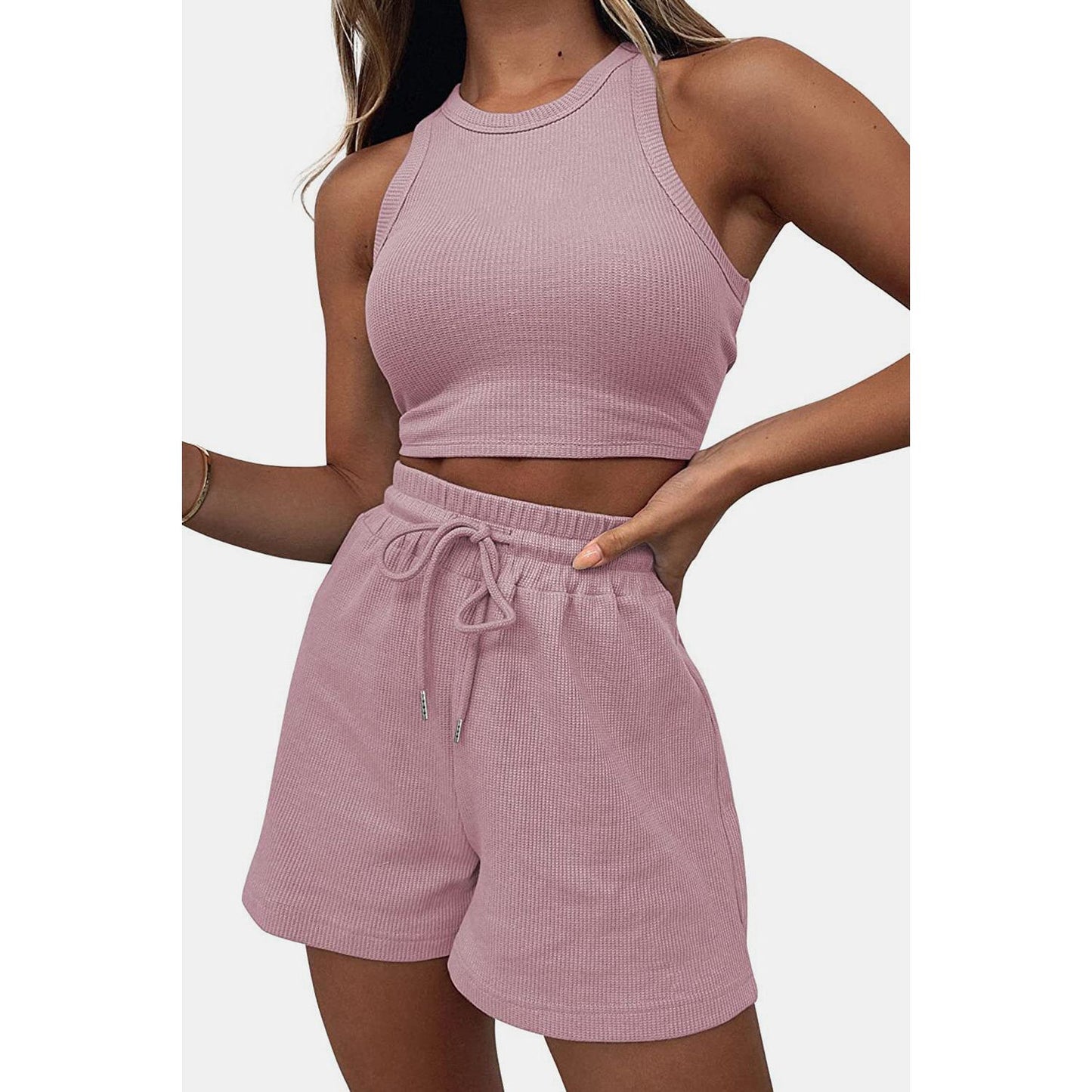 Round Neck Top and Drawstring Shorts Set