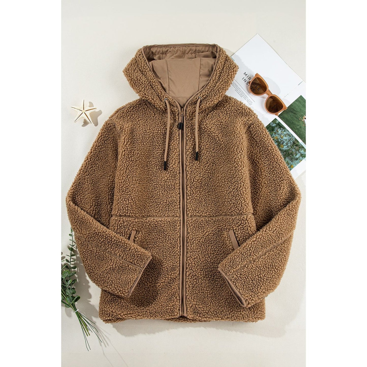 Drawstring Fleece Zip Up Hooded Jacket