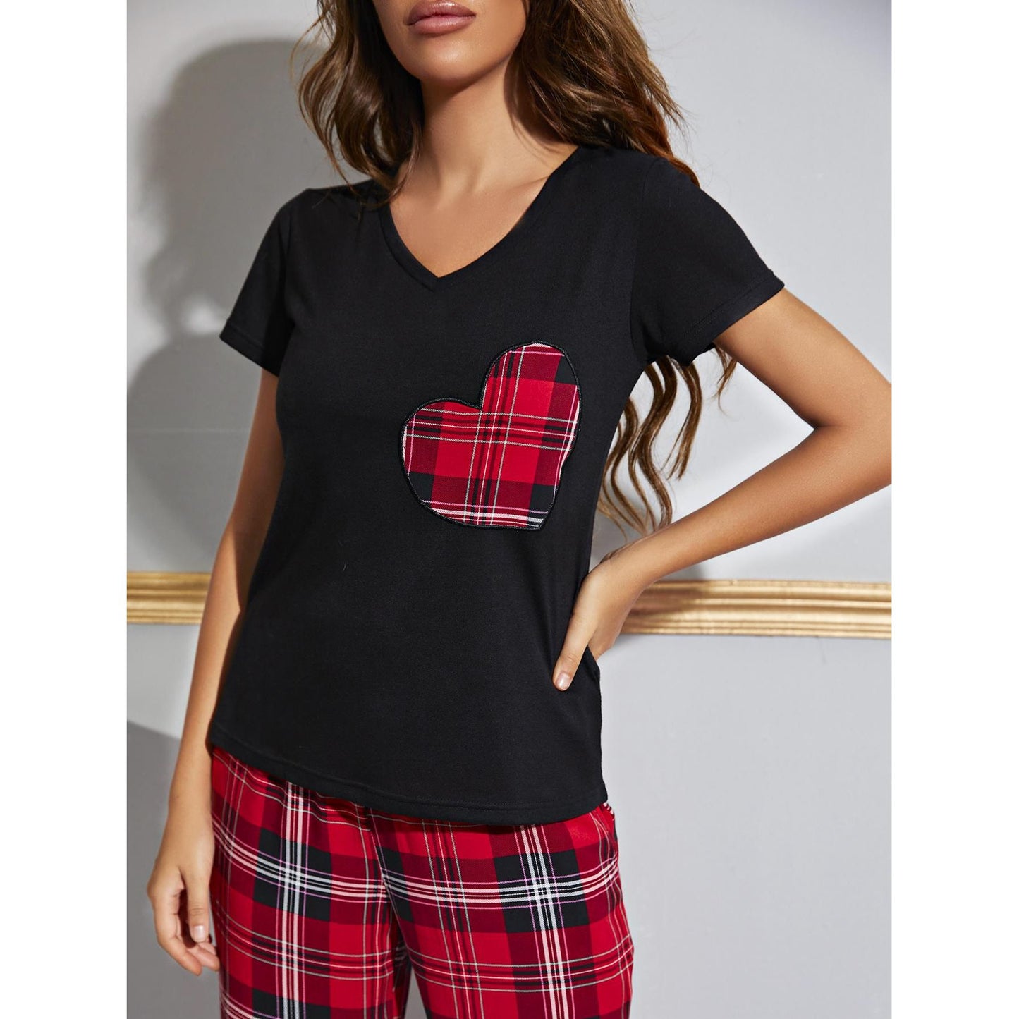 Heart Graphic V-Neck Top and Plaid Pants Lounge Set