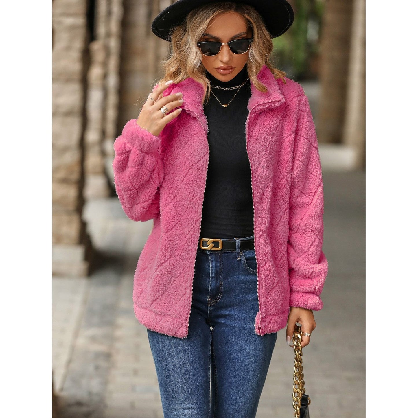 Fuzzy Pocketed Zip Up Jacket