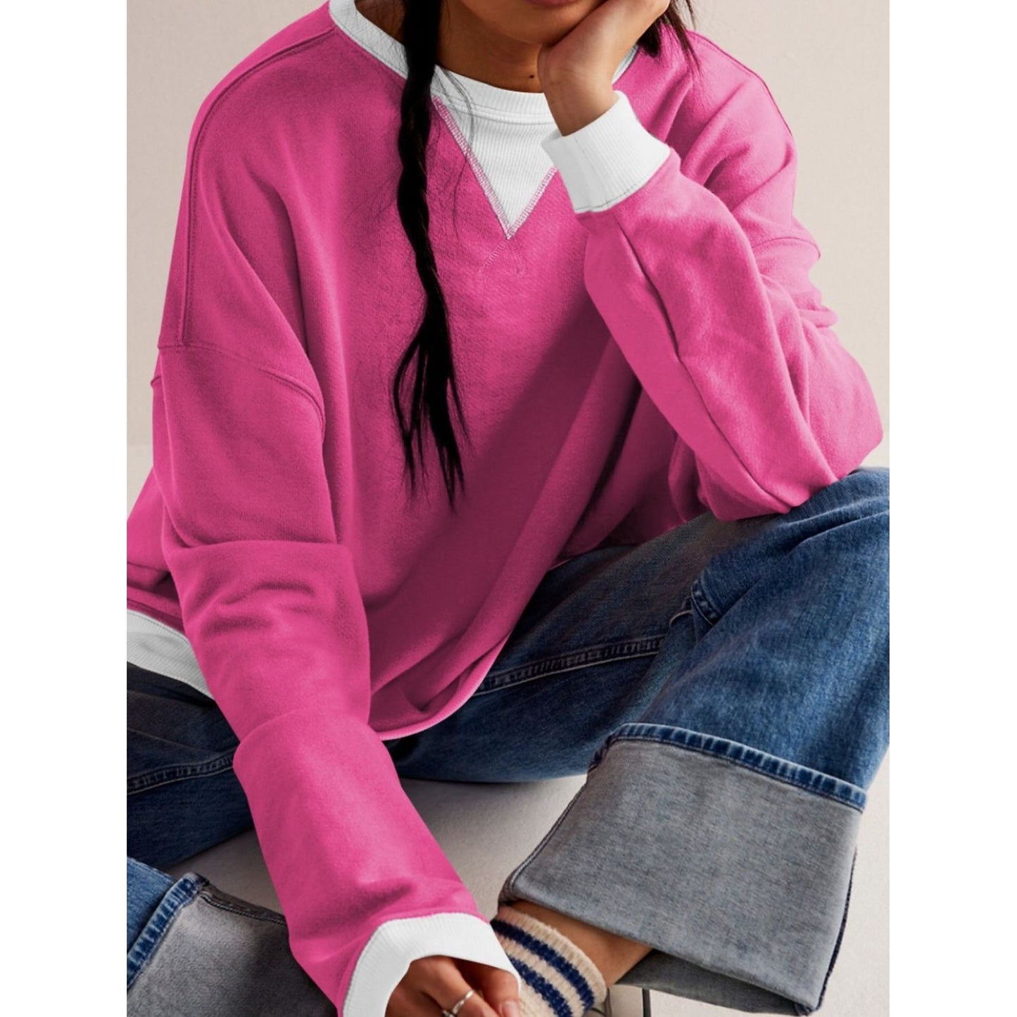 Contrast Dropped Shoulder Long Sleeve Sweatshirt