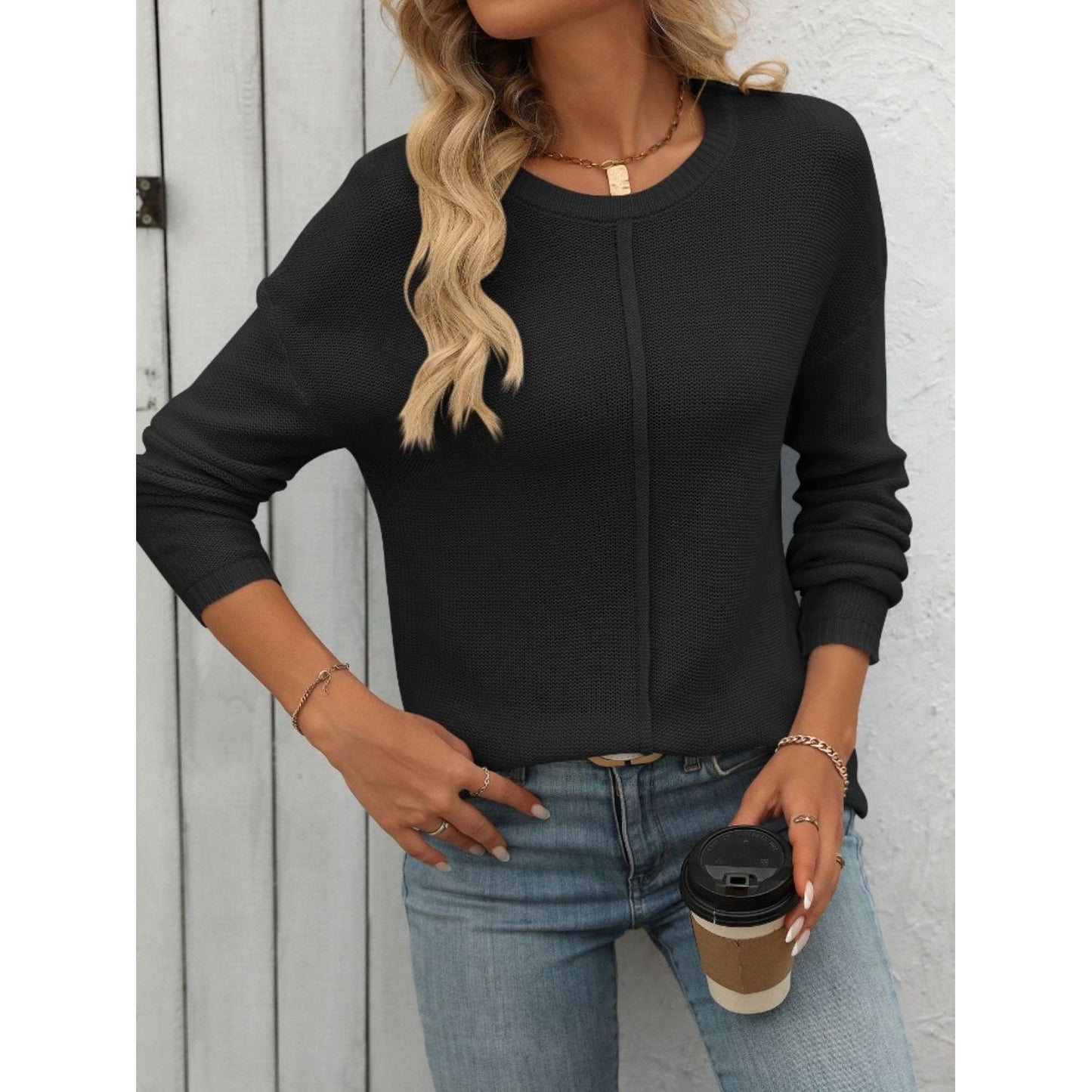 Mandy Round Neck Dropped Shoulder Knit Top