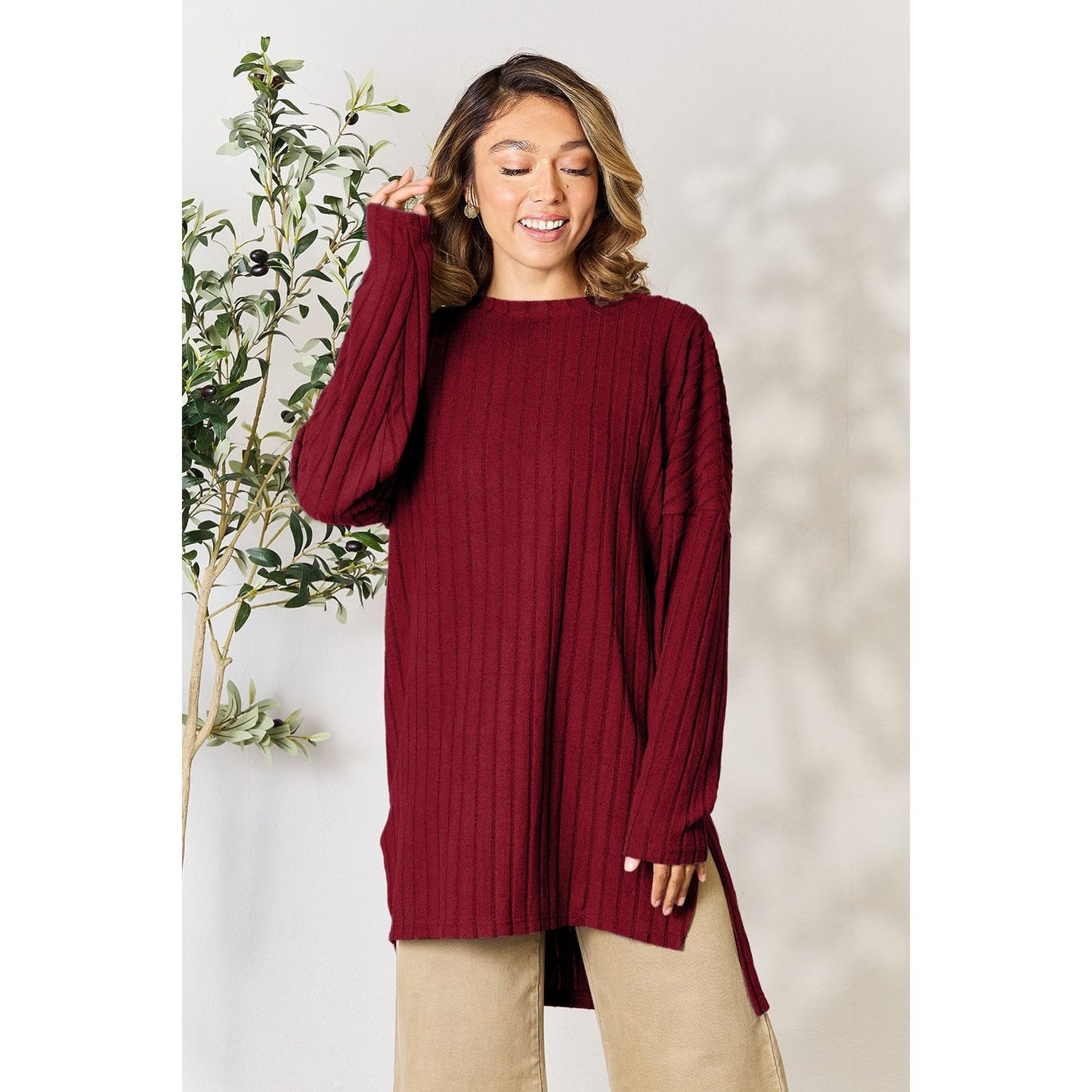 Basic Bae Full Size Ribbed Round Neck Long Sleeve Slit Top