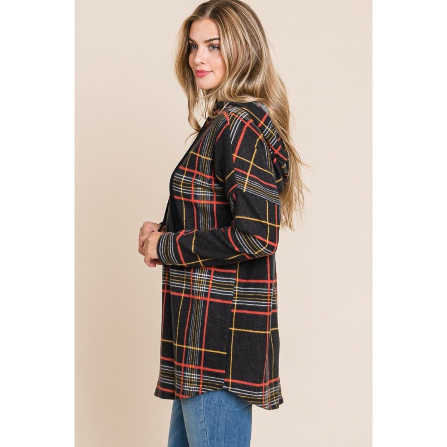 BOMBOM Drawstring Plaid Long Sleeve Hoodie