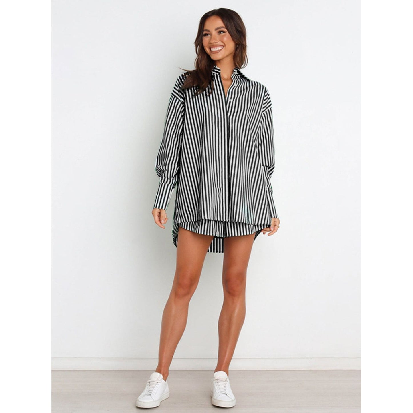 Striped Dropped Shoulder Shirt and Shorts Set