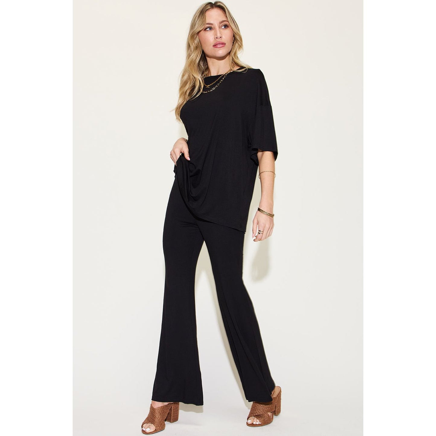 Basic Bae Full Size Bamboo Drop Shoulder T-Shirt and Flare Pants Set