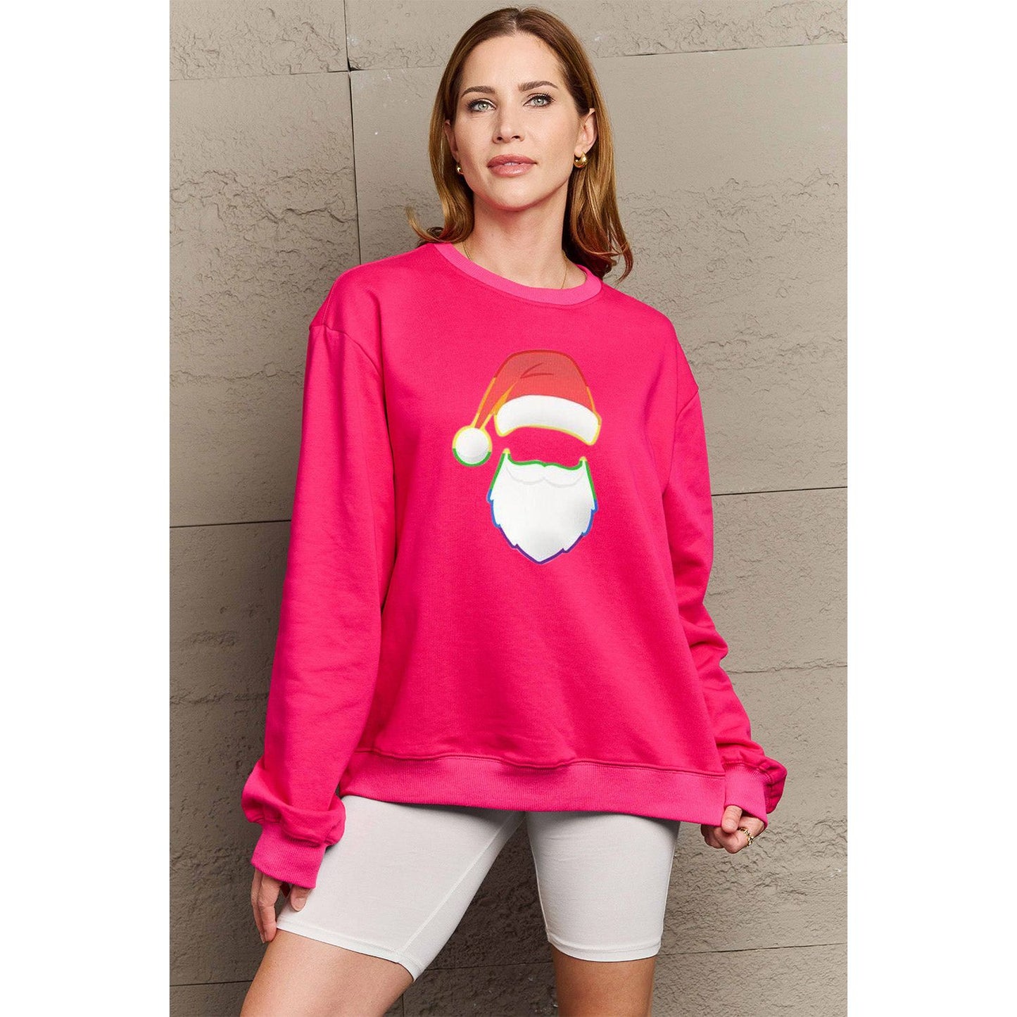 Simply Love Full Size Rainbow Santa Graphic Round Neck Sweatshirt