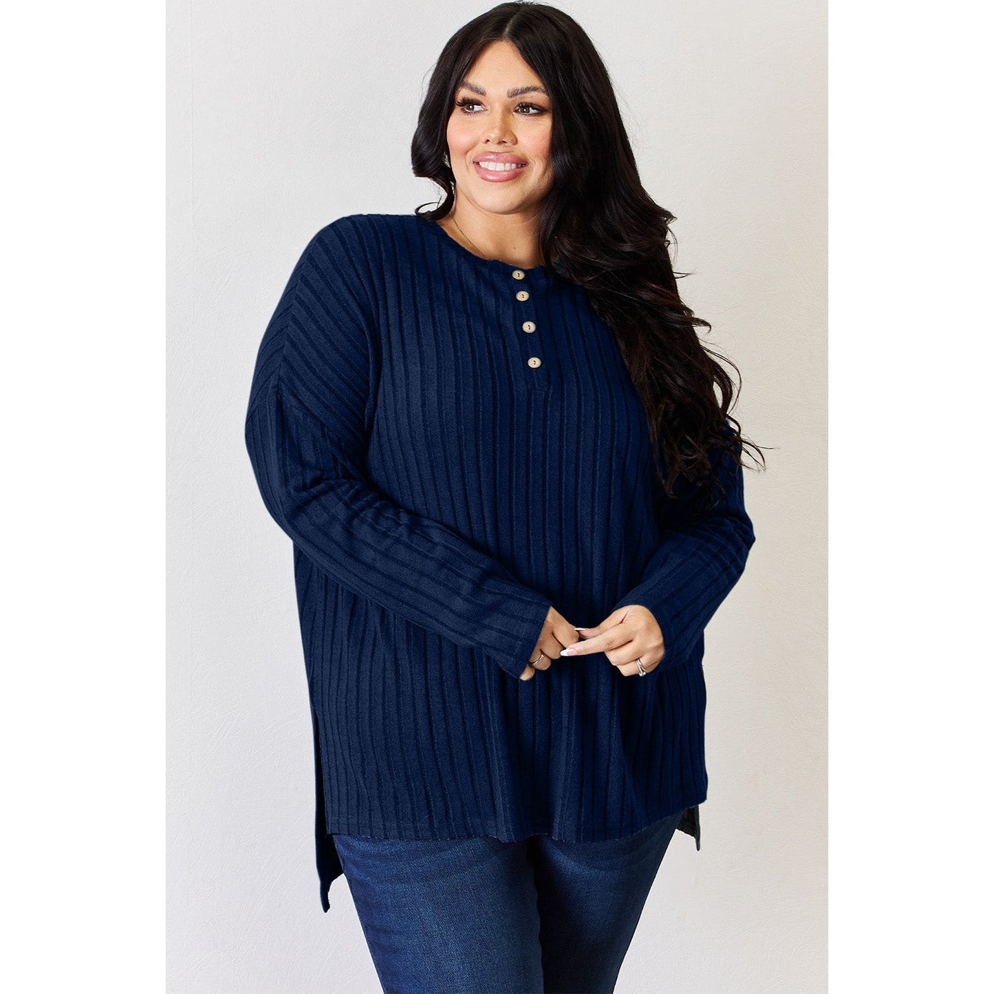 Basic Bae Full Size Ribbed Half Button Long Sleeve High-Low T-Shirt