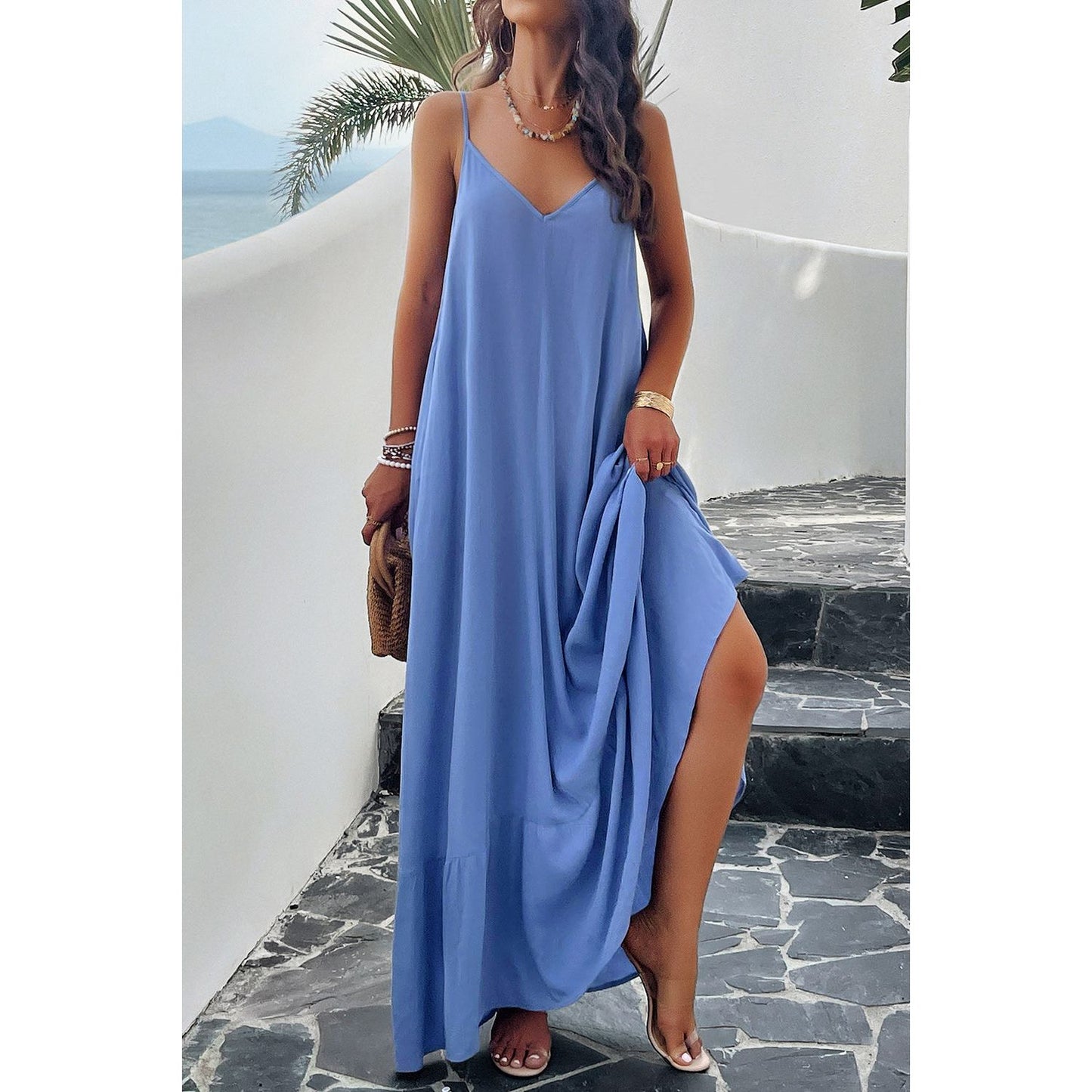 Backless Maxi Cami Dress with Pockets