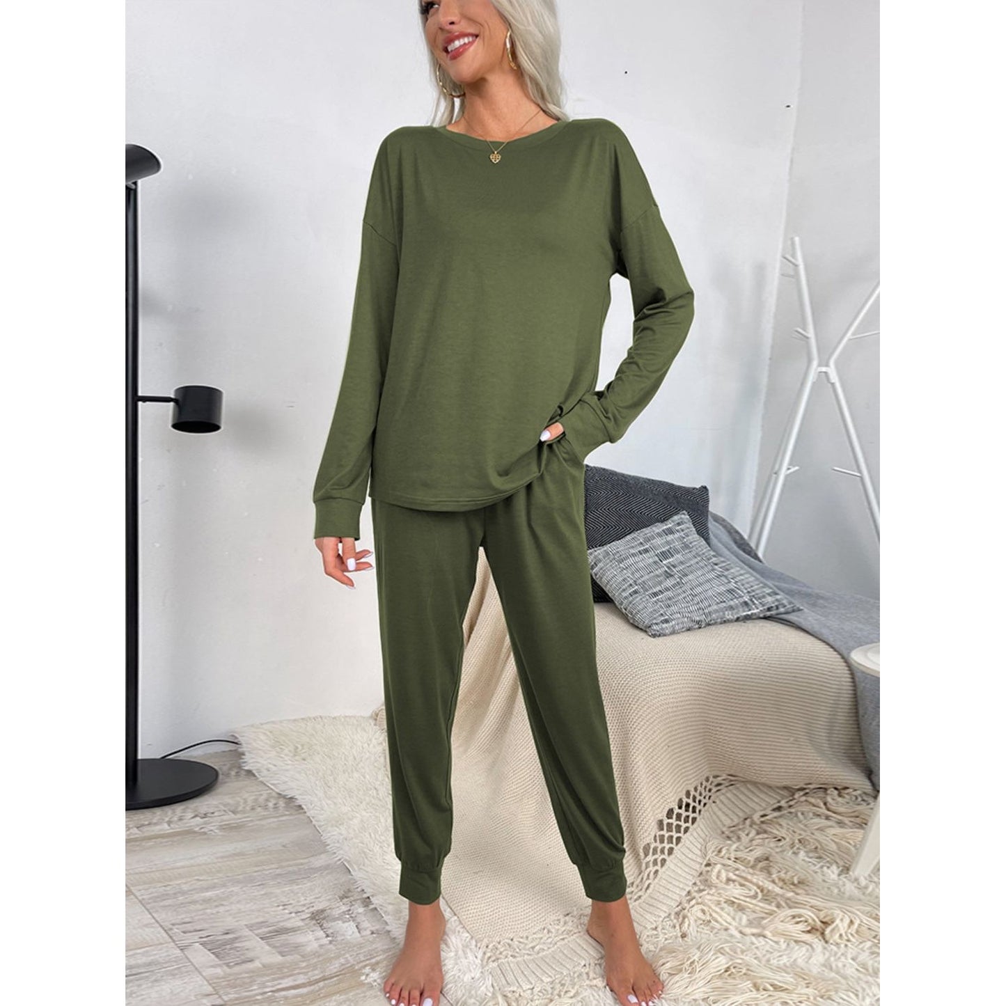 Shiny Round Neck Top and Drawstring Pants Lounge Set