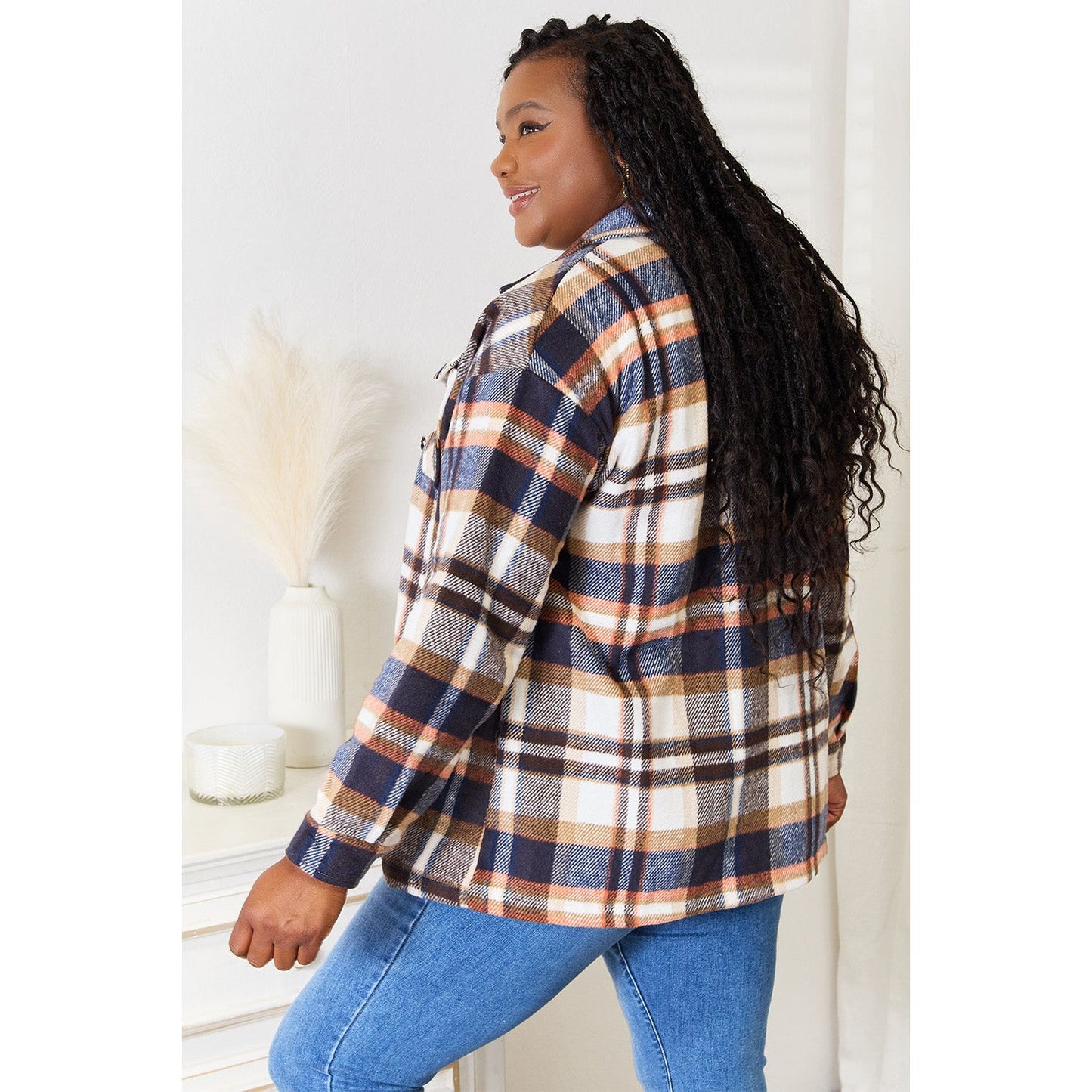 Double Take Plaid Button Front Shirt Jacket with Breast Pockets