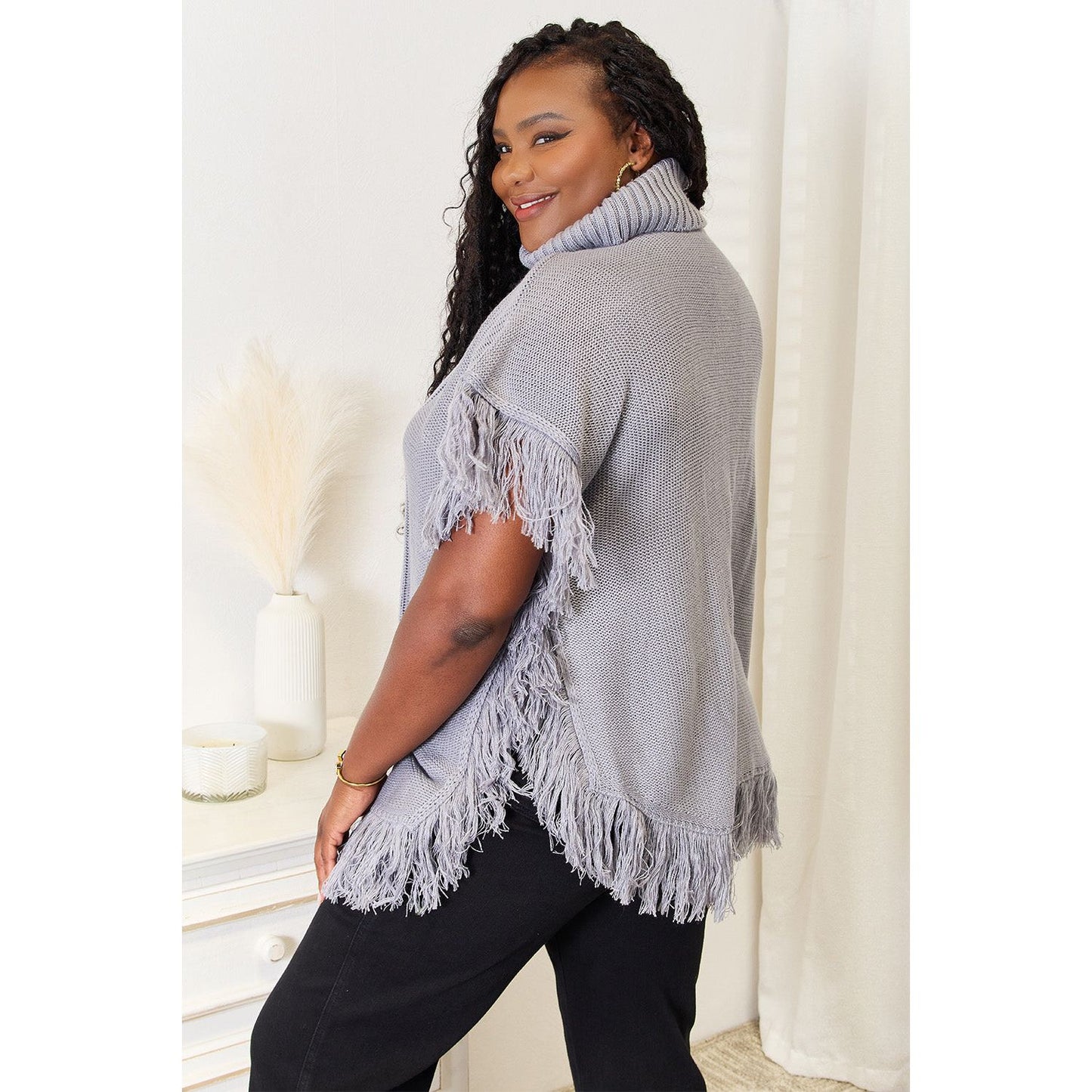 Justin Taylor Turtle Neck Fringe Poncho