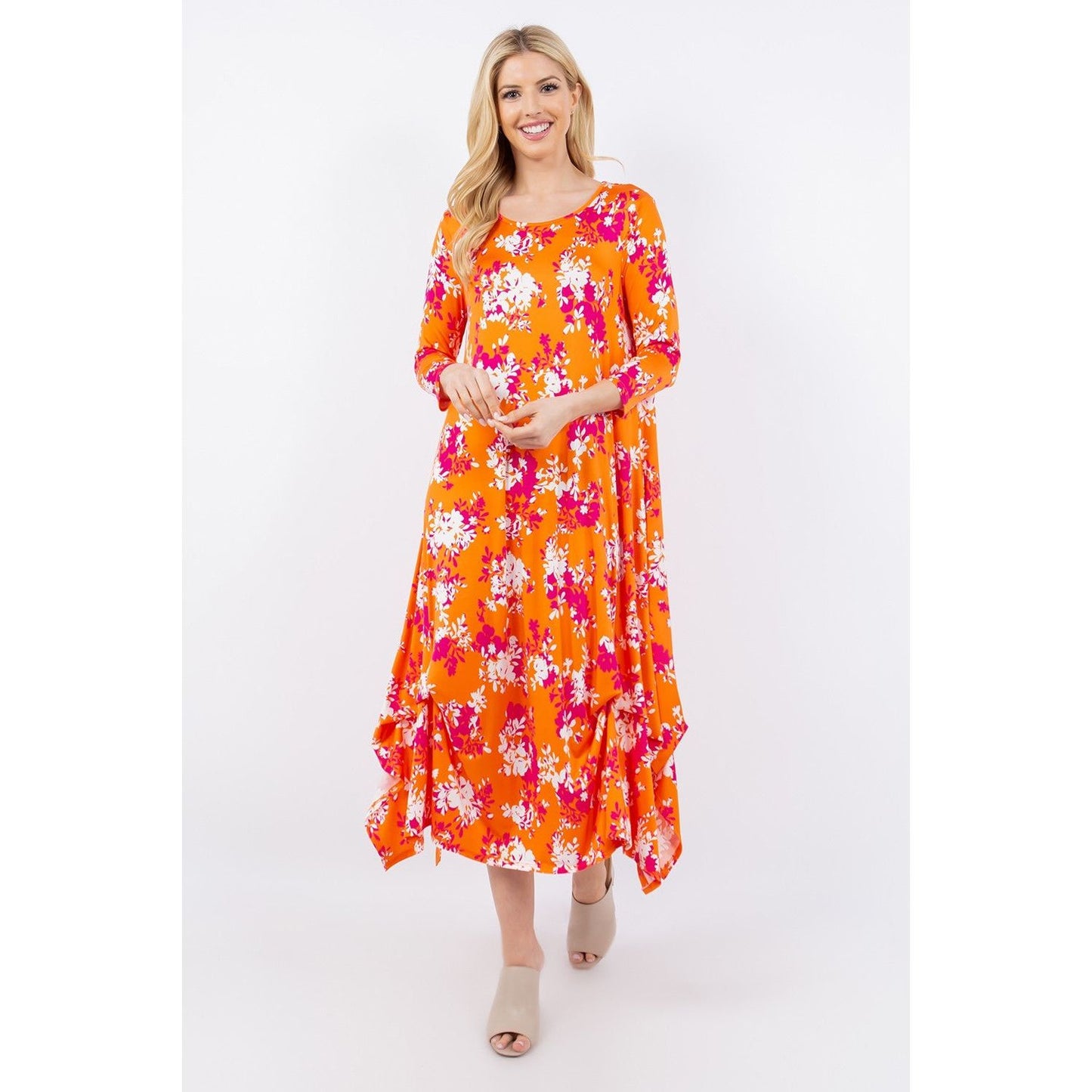 Celeste Full Size Pick-Up Hem Asymmetric Floral Midi Dress