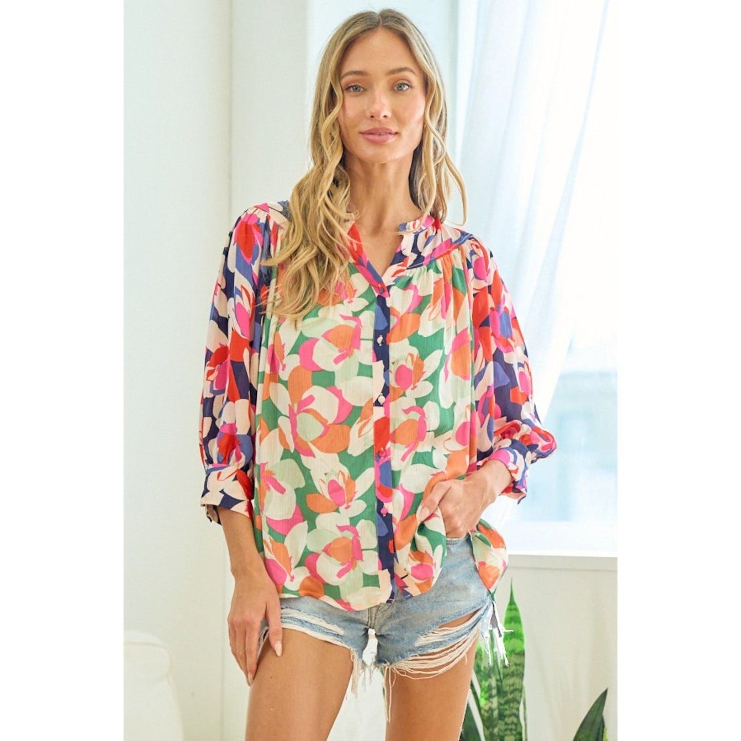 First Love Full Size Floral Button Down Satin Shirt