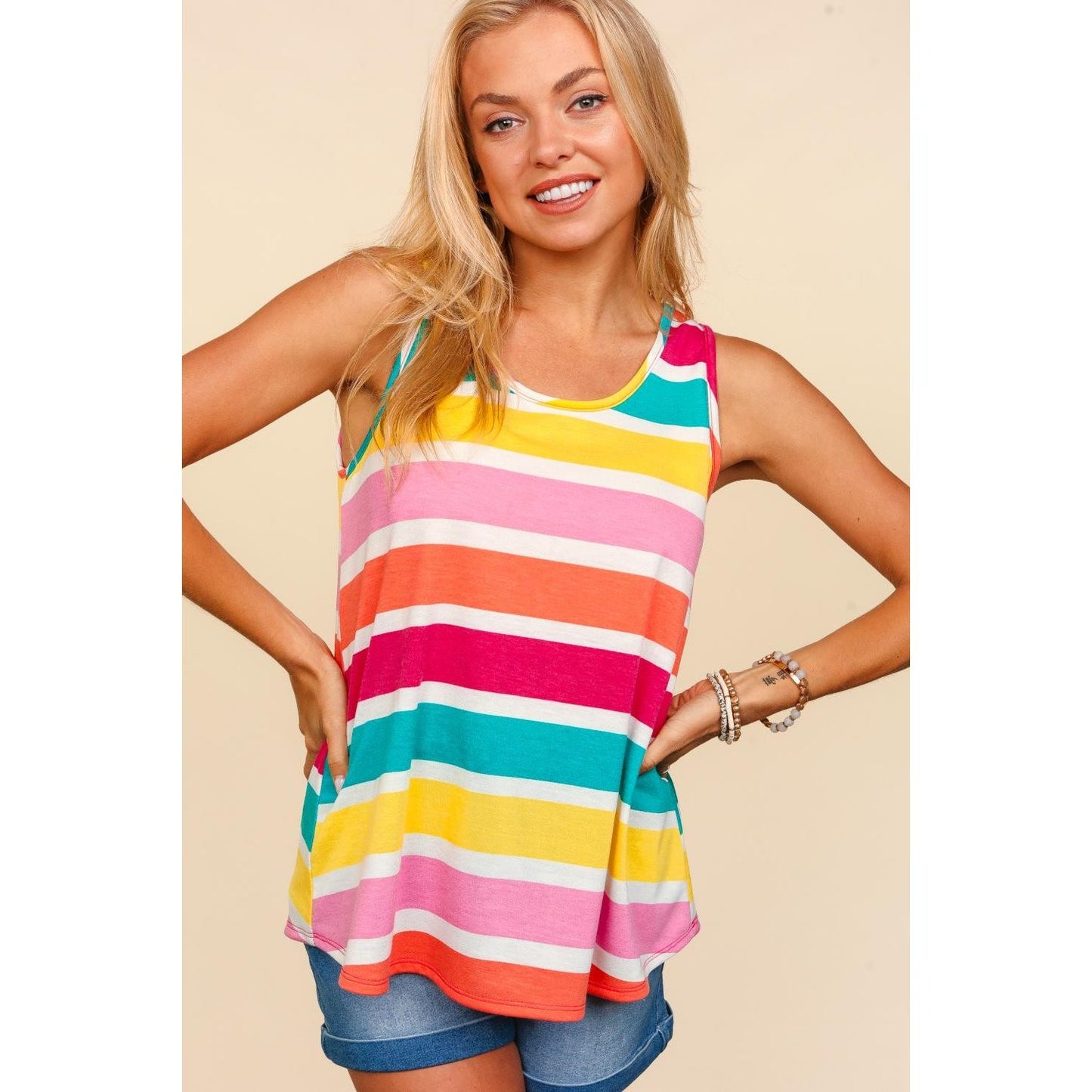 Haptics Round Neck Striped Knit Tank