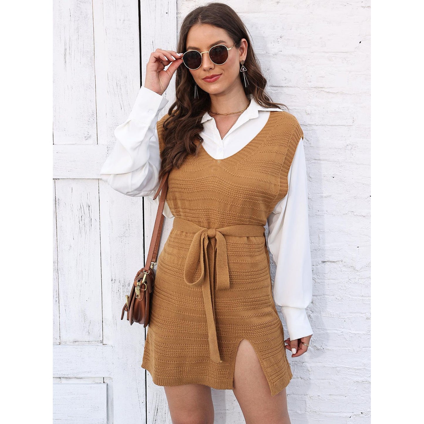 Tie Front V-Neck Sleeveless Slit Sweater Dress