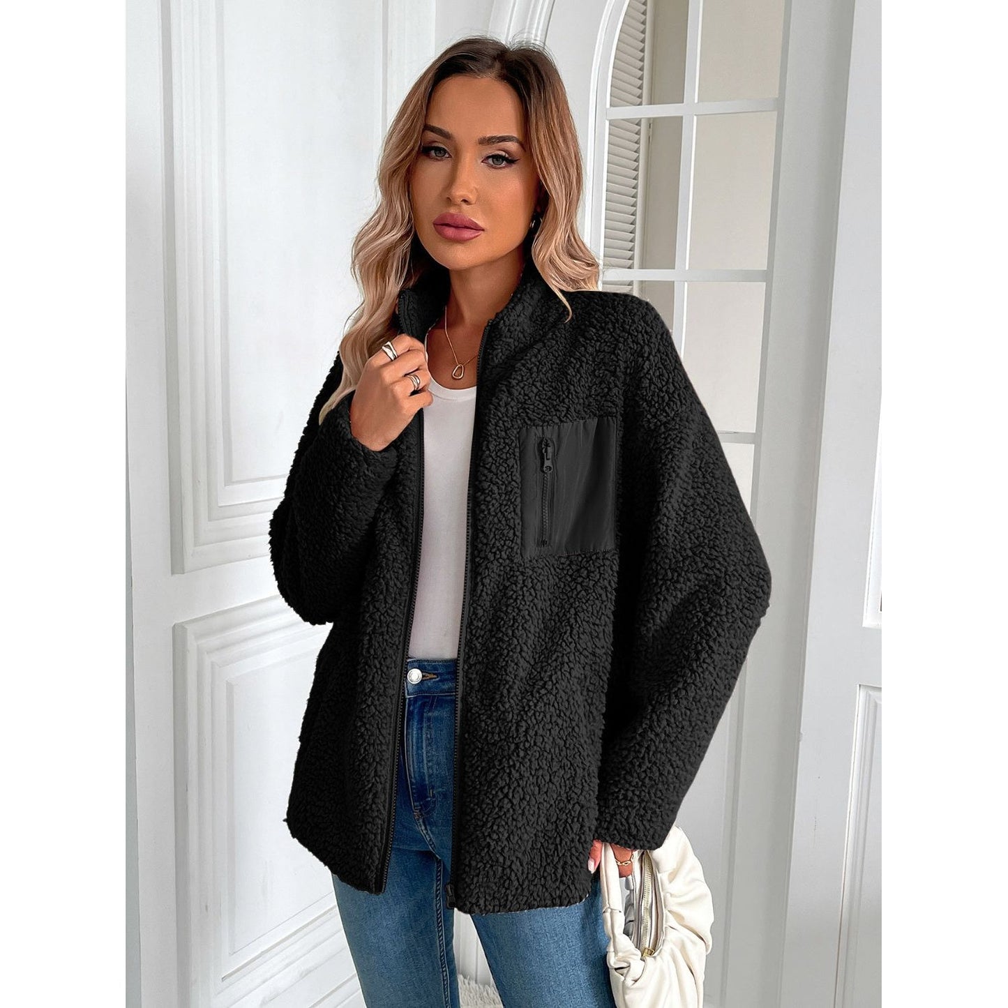 Ivy Lane Zip Up Long Sleeve Fuzzy Jacket